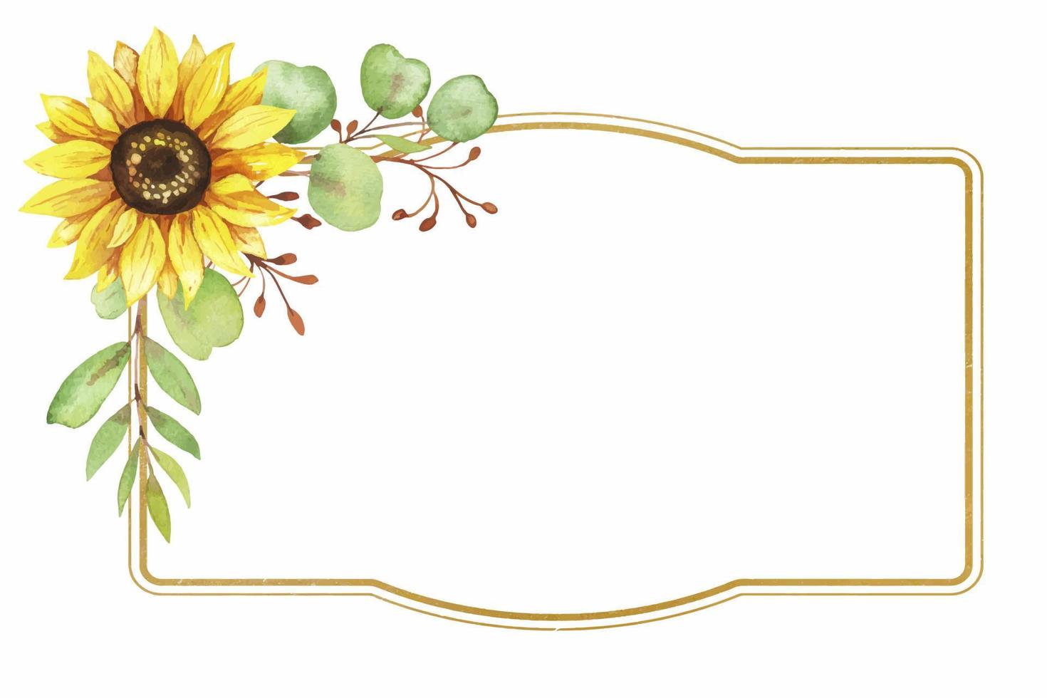 moldura dourada com flores de girassol, ilustração em aquarela vetor
