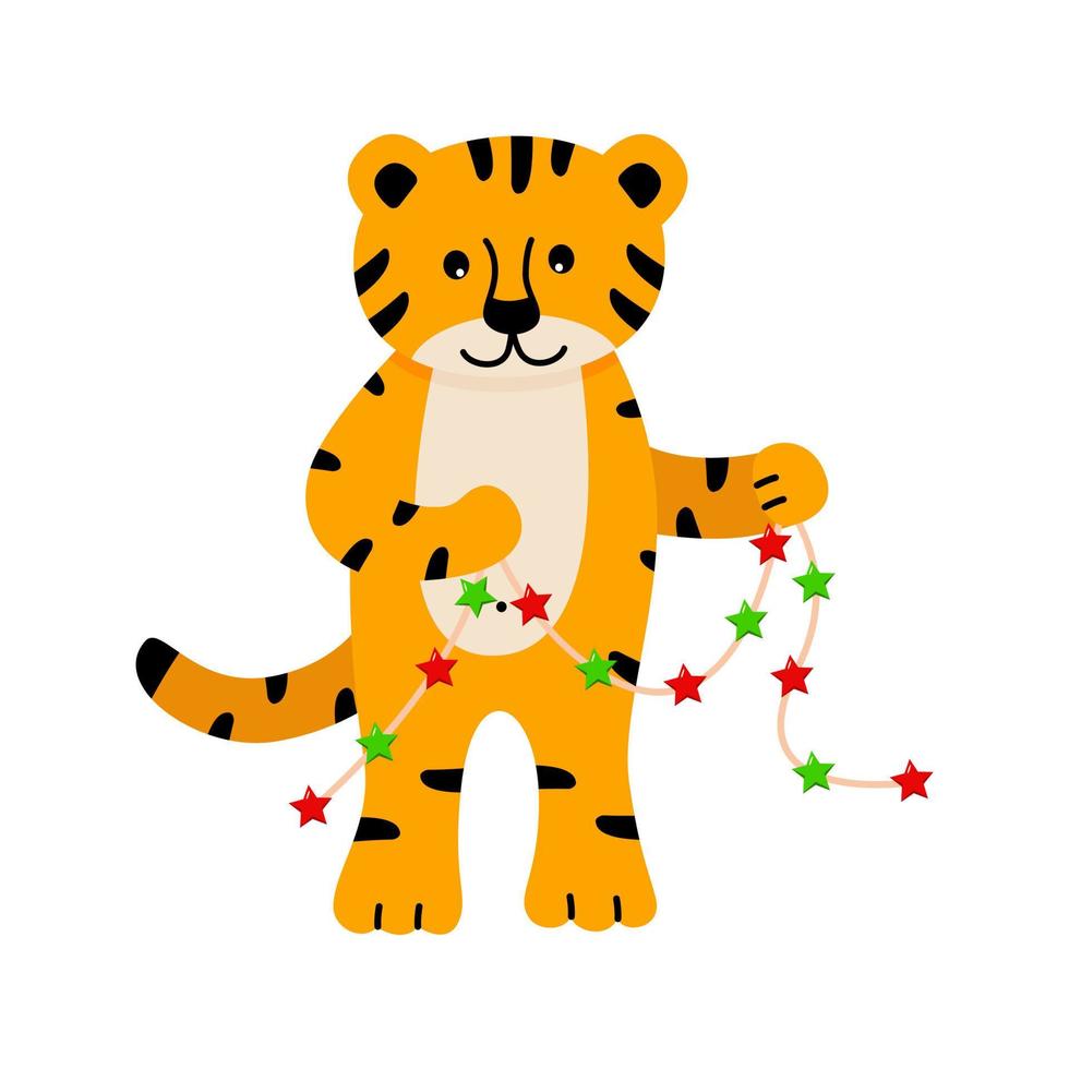 um tigre bonito dos desenhos animados segura uma guirlanda de natal em suas patas. ilustração vetorial, o conceito de natal e ano novo vetor