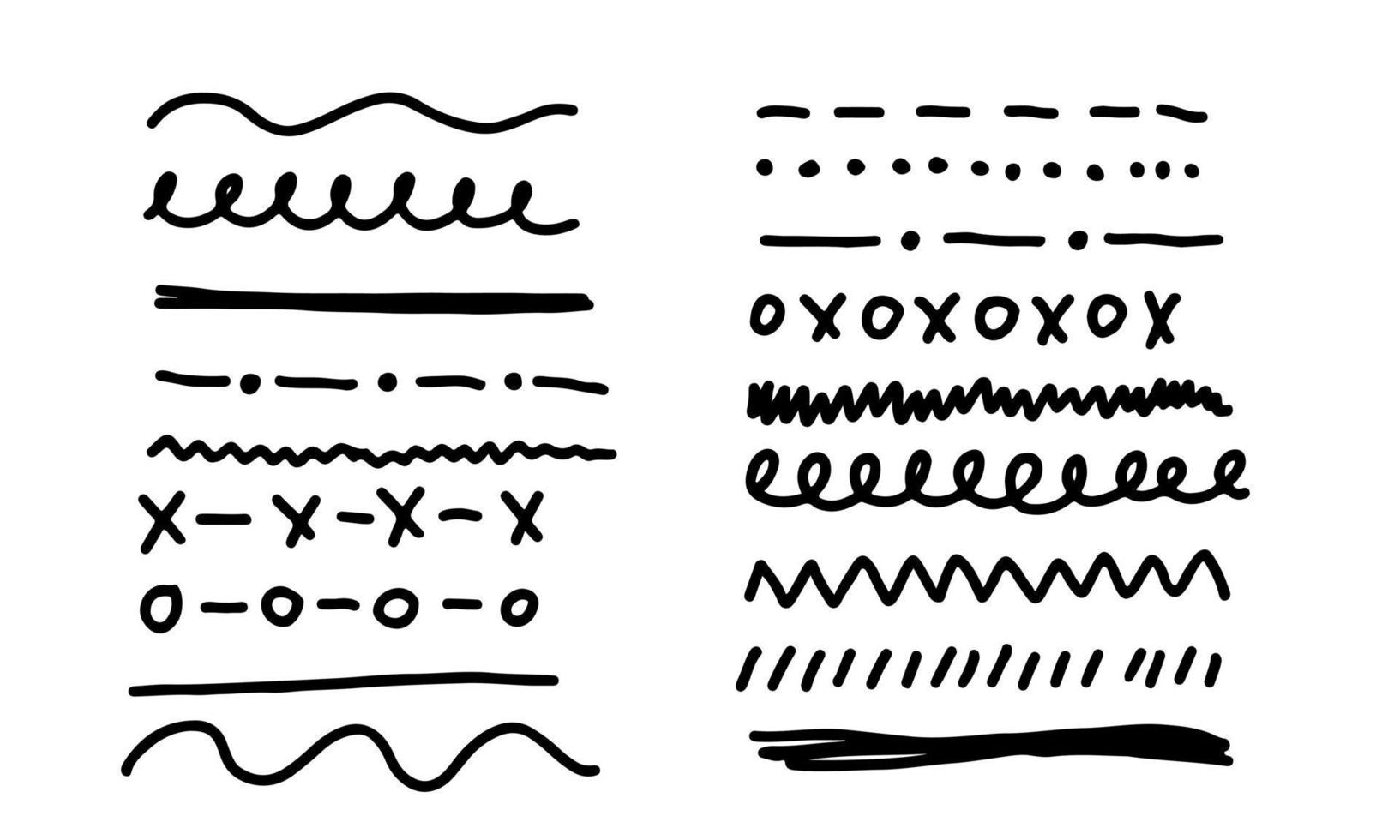 linhas desenhadas à mão e divisores em vários estilos. formas decorativas de contorno preto-branco. conjunto de linhas de fronteira doodle conceito de ilustração vetorial vetor