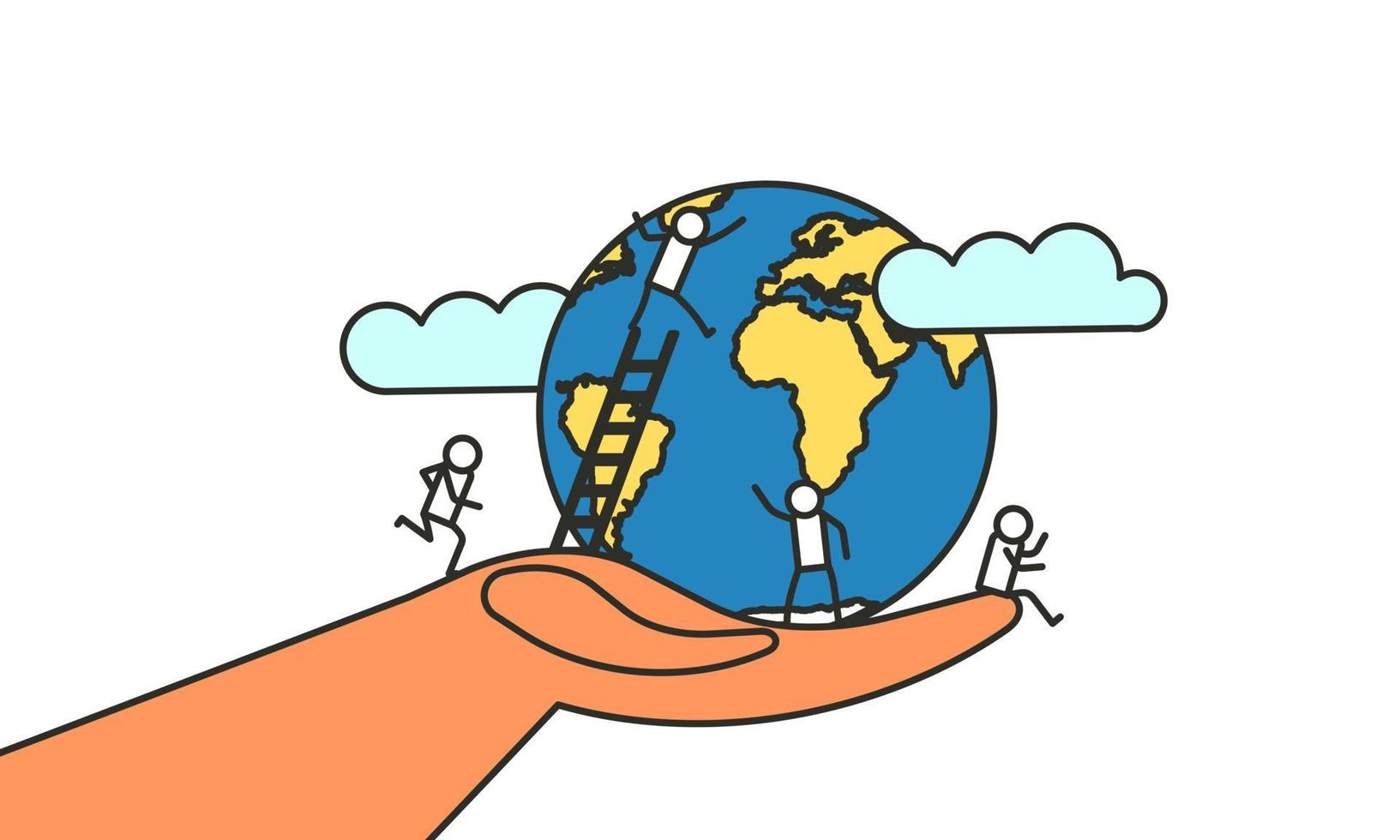 mão salvar mundo terra globo vector ilustração ambiente conceito. fundo de ecologia do planeta lixo. eco natureza conservação ambiental global reciclar proteção. ecossistema de banner amigo da vida