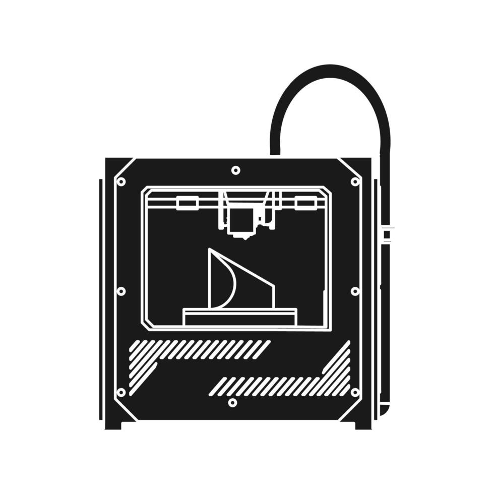 ícone de design de tecnologia de vetor de impressora 3D preto sólido. modelo de fabricação de engenharia do símbolo de conceito de plástico e indústria. ilustração de negócios de inovação e protótipo de máquina de impressão