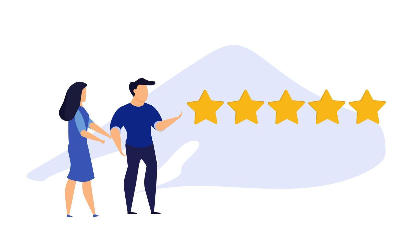 revisão do cliente cinco estrelas escolha ilustração vetorial satisfação homem e mulher. conceito de sucesso nos negócios feedback serviço de boa qualidade. melhor taxa de experiência de fundo vote banner do cliente. prêmio como vetor