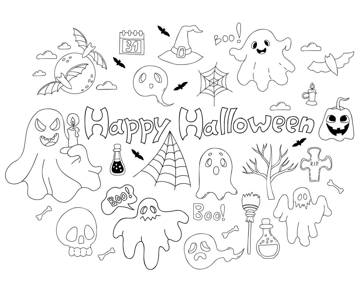 coleção mágica doodle feliz dia das bruxas. fantasma fofo e fantasma com vela, abóbora jack, morcego e caveira, chapéu de sepultura e bruxa e poções mágicas. doodle desenhado de mão linear de vetor. elementos isolados. vetor