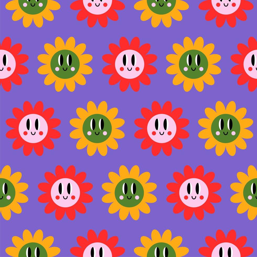 sem costura padrão groovy com flores dos desenhos animados retrô. Impressão psicodélica dos anos 70 para camiseta gráfica no estilo y2k vetor