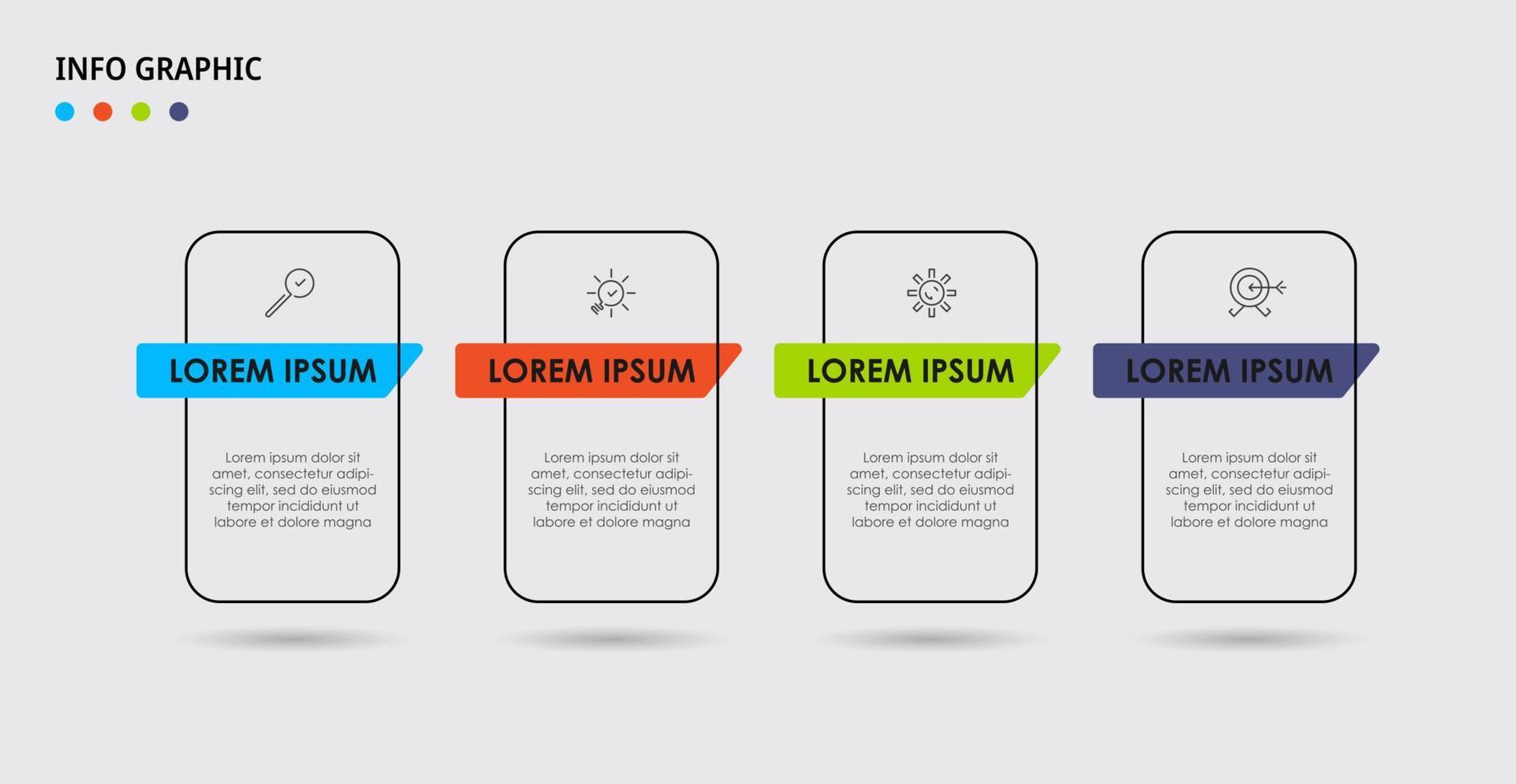 vetor de modelo de design de infográfico de negócios com ícones e 4 opções ou etapas. pode ser usado para diagrama de processo, apresentações, layout de fluxo de trabalho, banner, fluxograma, gráfico de informações