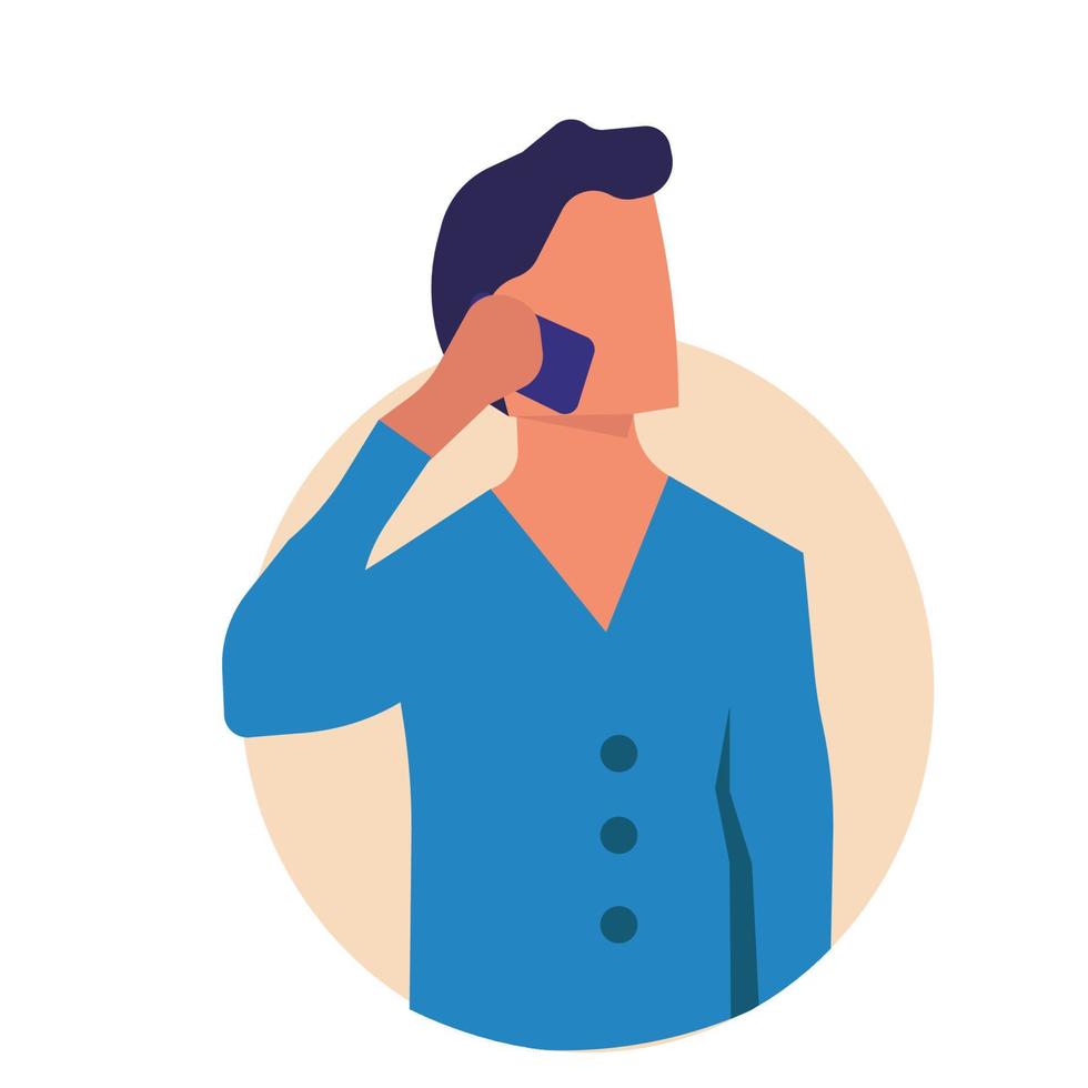 homem com ícone de tecnologia de ilustração vetorial de telefone. negócio móvel e personagem de comunicação masculino. empresário ligar no dispositivo e falar em rede. trabalho celular e conversa feliz humano vetor