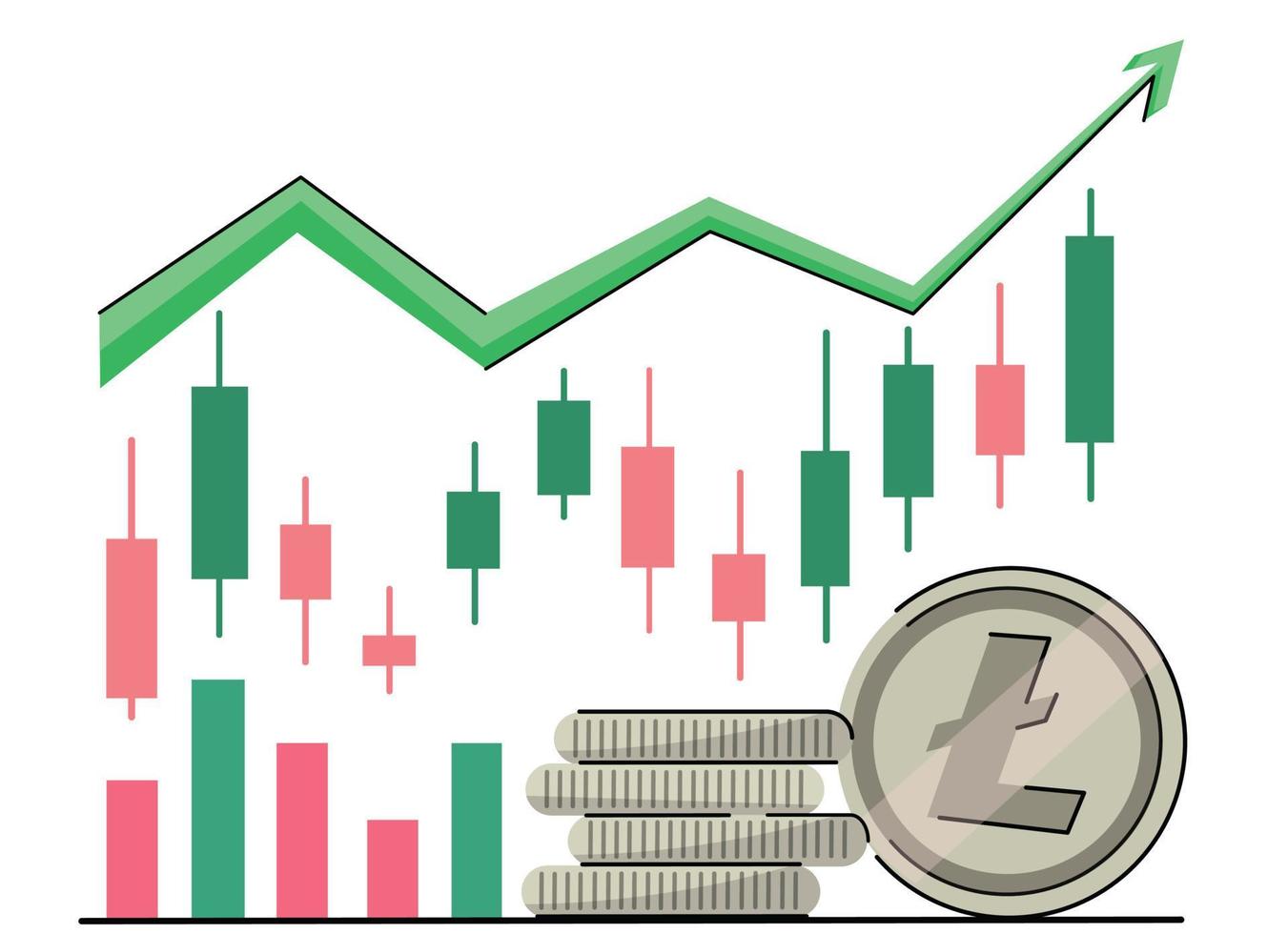 tendência de crescimento de moedas litecoin onda de alta criptográfica no mercado de criptomoedas. aumento de preço, mercado de touro. boa tendência de crescimento. seta verde e moeda com logotipo ltc. vetor isolado em branco