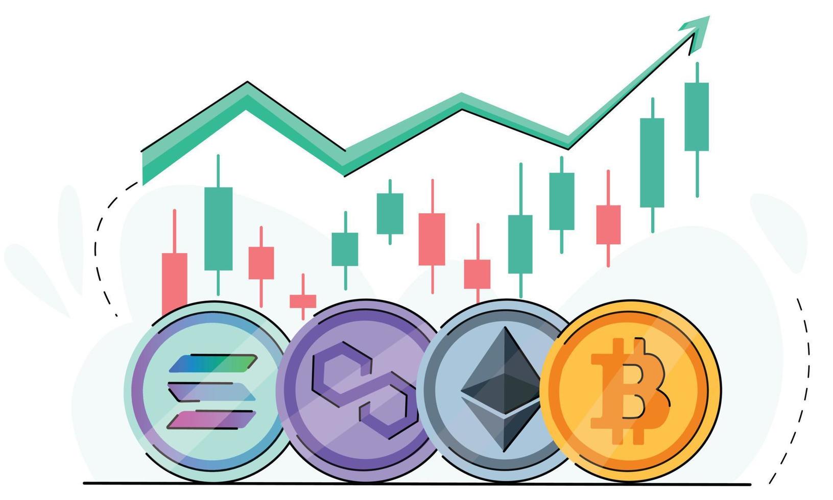 tendências de crescimento de bitcoin e criptomoedas. onda de alta no mercado de criptomoedas. bitcoin, solana, polígono, aumento de preço do ethereum. uma boa tendência de crescimento de criptomoedas. seta verde e logotipo de moedas. vetor