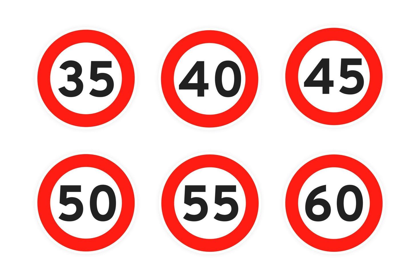 limite de velocidade 35, 40, 45, 50, 55, 60 rodada ícone de tráfego rodoviário sinal estilo plano design ilustração vetorial conjunto vetor