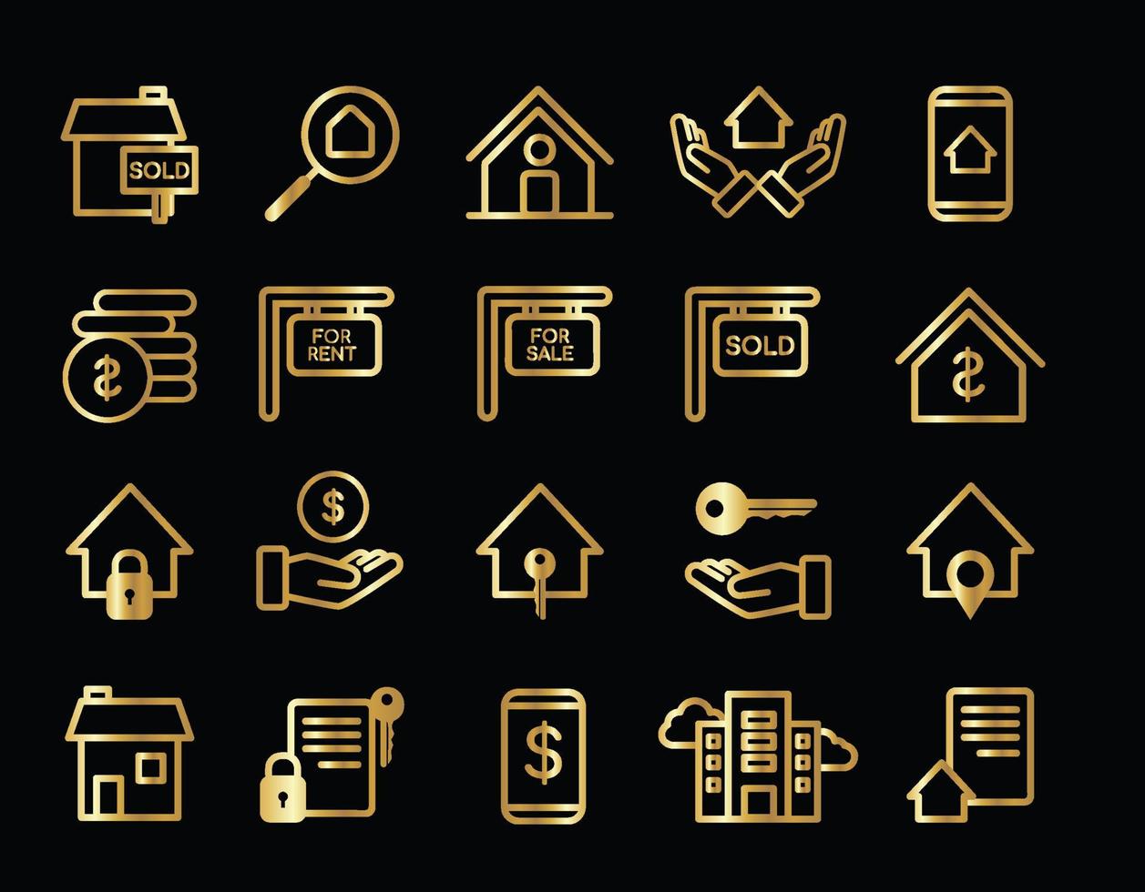 conjunto de ícones imobiliários de ouro vetor