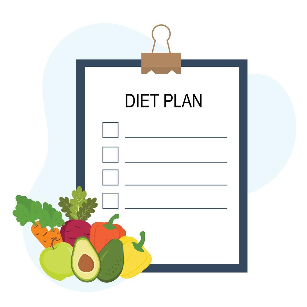 plano de alimentação saudável. planejamento da dieta. conceito de perda de peso. planejador de dieta com papel na área de transferência e alimentos frescos e saudáveis, isolados no fundo branco. dieta saudável, perda de peso e nutrição. vetor