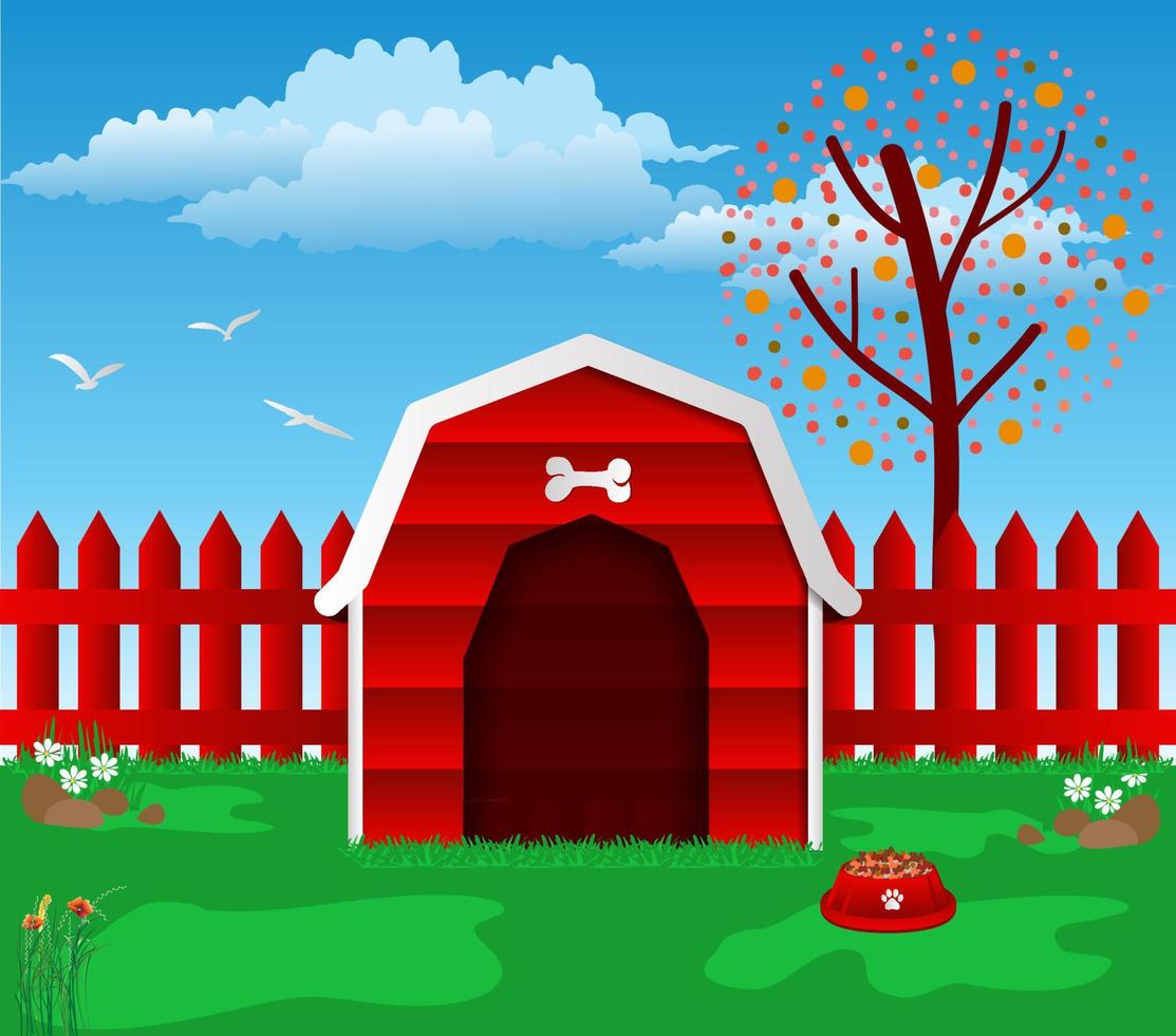 casa de animais de estimação vermelha com fundo de paisagem vetor