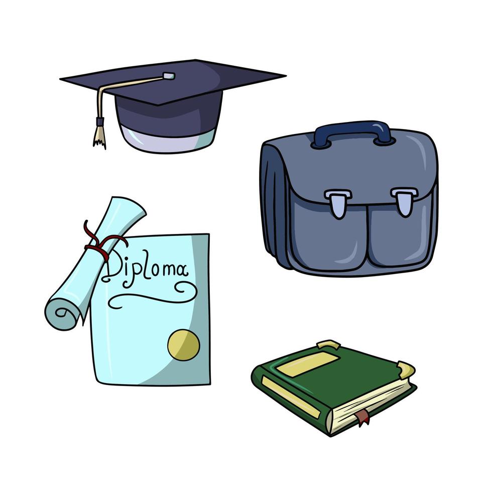 um conjunto de ícones coloridos, uma coleção escolar, uma maleta e um chapéu de pós-graduação, um diploma e um livro didático, uma ilustração vetorial em estilo cartoon vetor