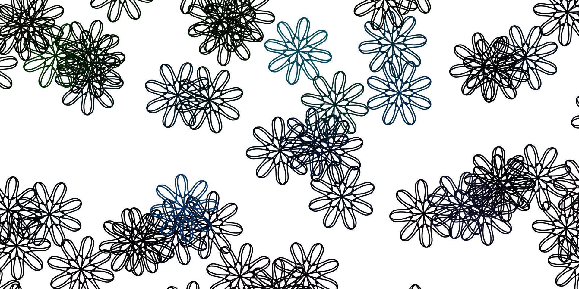 modelo de doodle de vetor azul e verde claro com flores.