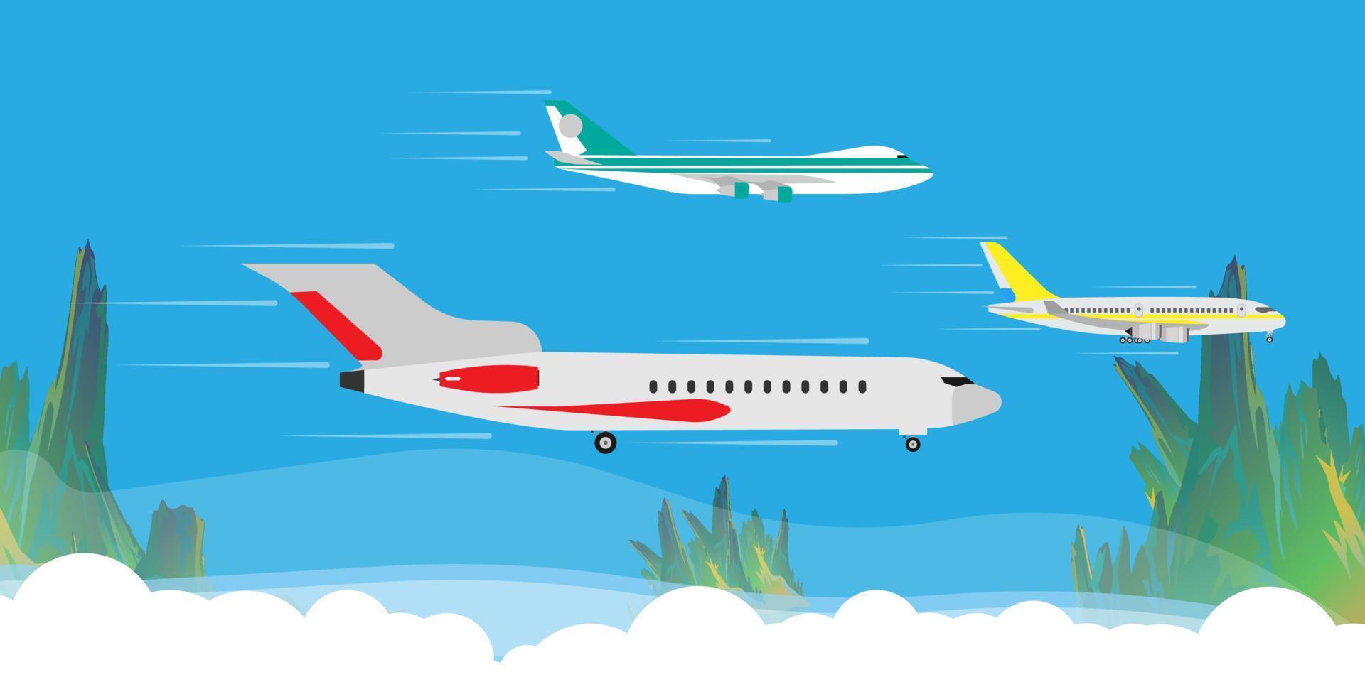 avião voar no conceito de banner de ilustração de céu nuvem. viagens turismo jato direção de férias apartamento. veículo comercial de passageiros dos desenhos animados vetor