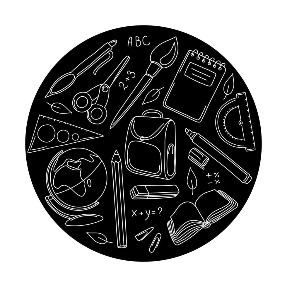 conjunto de doodle de vetor de quadro-negro crianças escola de idiomas jardim de infância padrão de crianças com doodle crianças desenhando ícones de estilo brincar e estudar e cultivar imagens criativas para faculdade, universidade, escola