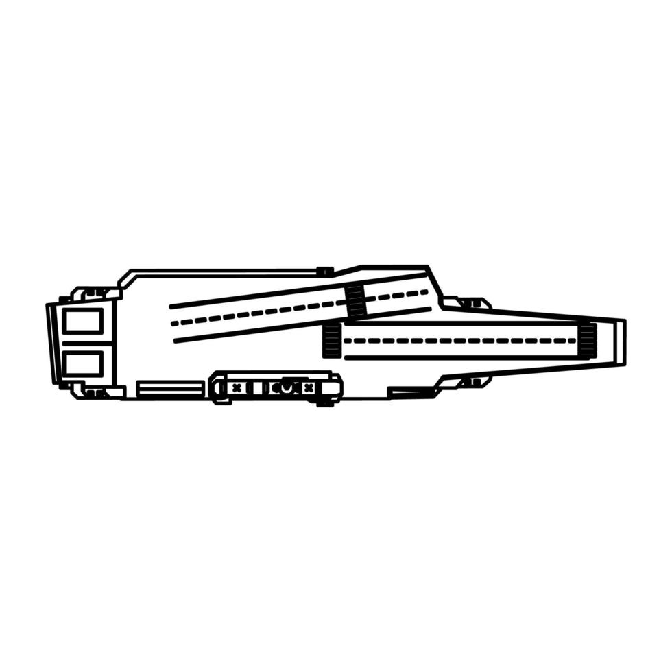 Contorno de ilustração de ícone de vetor de navio militar porta-aviões. navio de guerra da marinha com arma e avião. navio de guerra guerra transporte lutador isolado linha branca fina