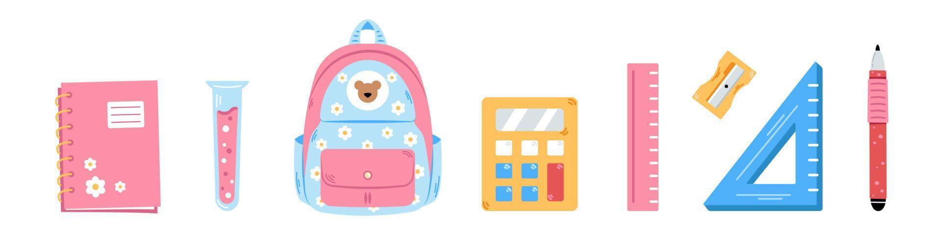 vetor de volta ao conjunto de escola. linda coleção rosa de material escolar para crianças. design plano colorido. mochila, calculadora, caneta, régua, apontador, caderno e banheira de ensaio.