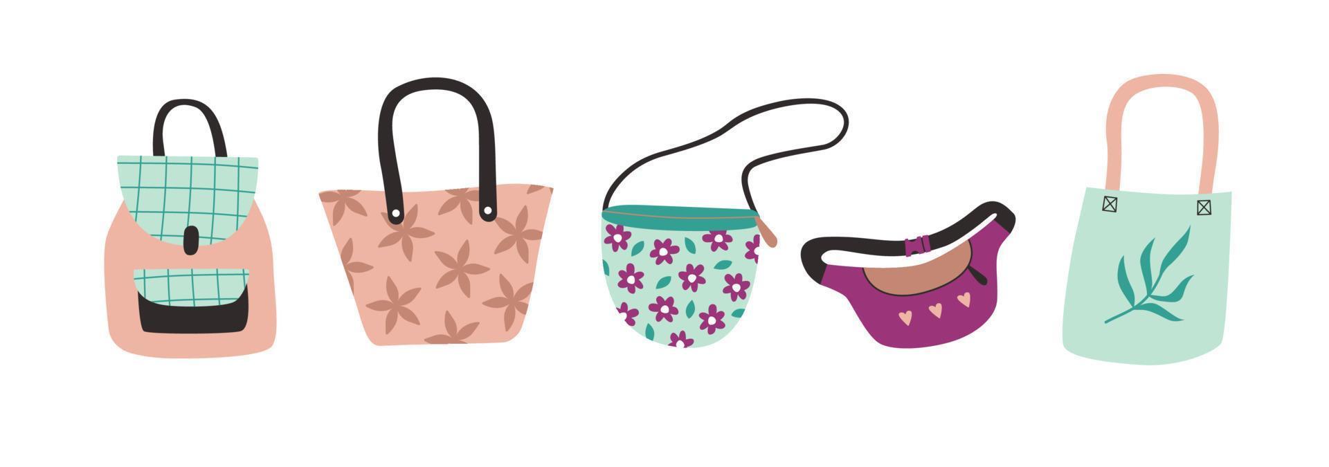 conjunto de bolsas de mulher diferente em estilo cartoon plana. sacolas de compras de coleção desenhada de mão. ilustração vetorial vetor