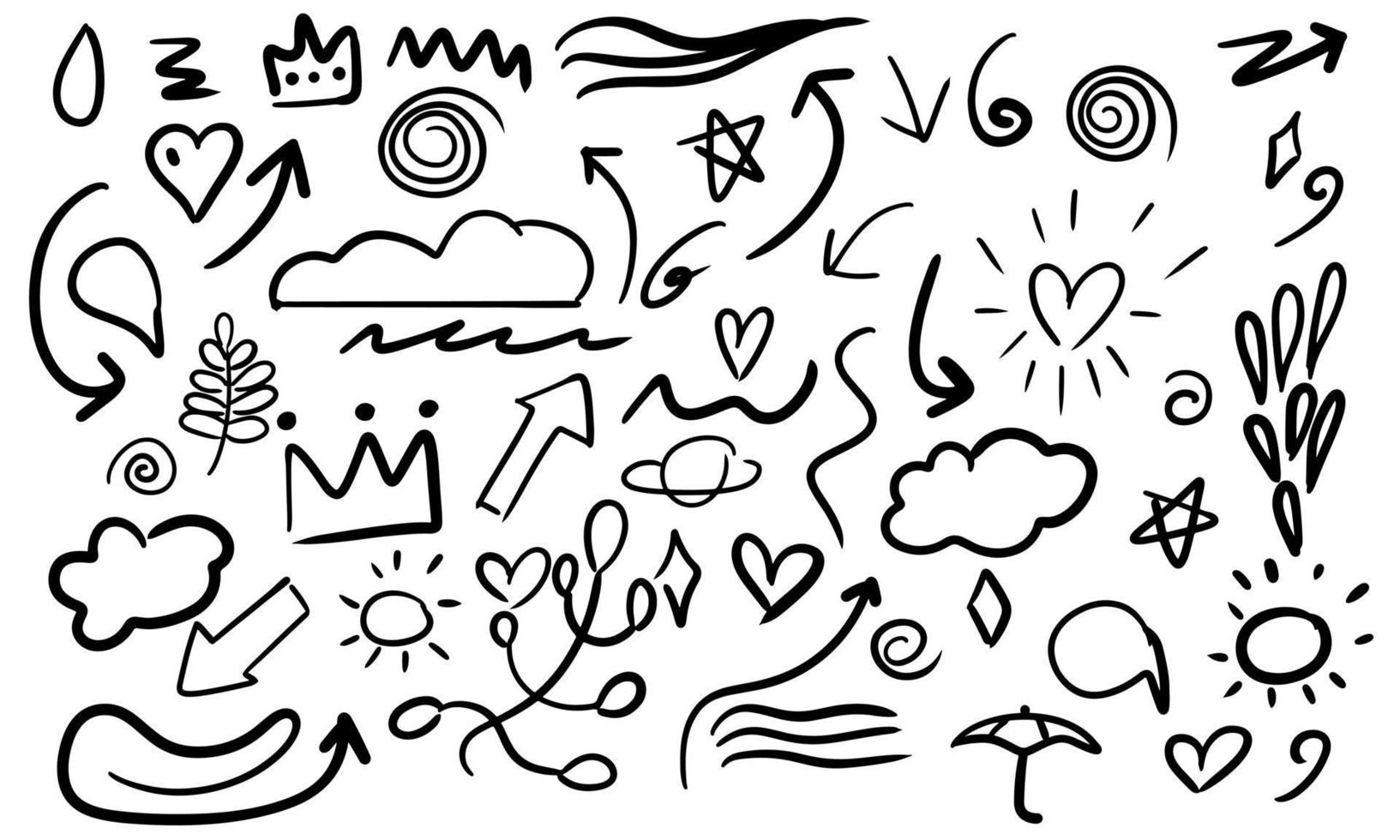 folha de esboço de ícone desenhado à mão e seta ou coração. lápis abstrato ramo preto e ilustração em vetor coleção doodle. desenho bonito ícones à mão livre da flora e conjunto de linhas. elemento de swoosh de adesivo de esboço