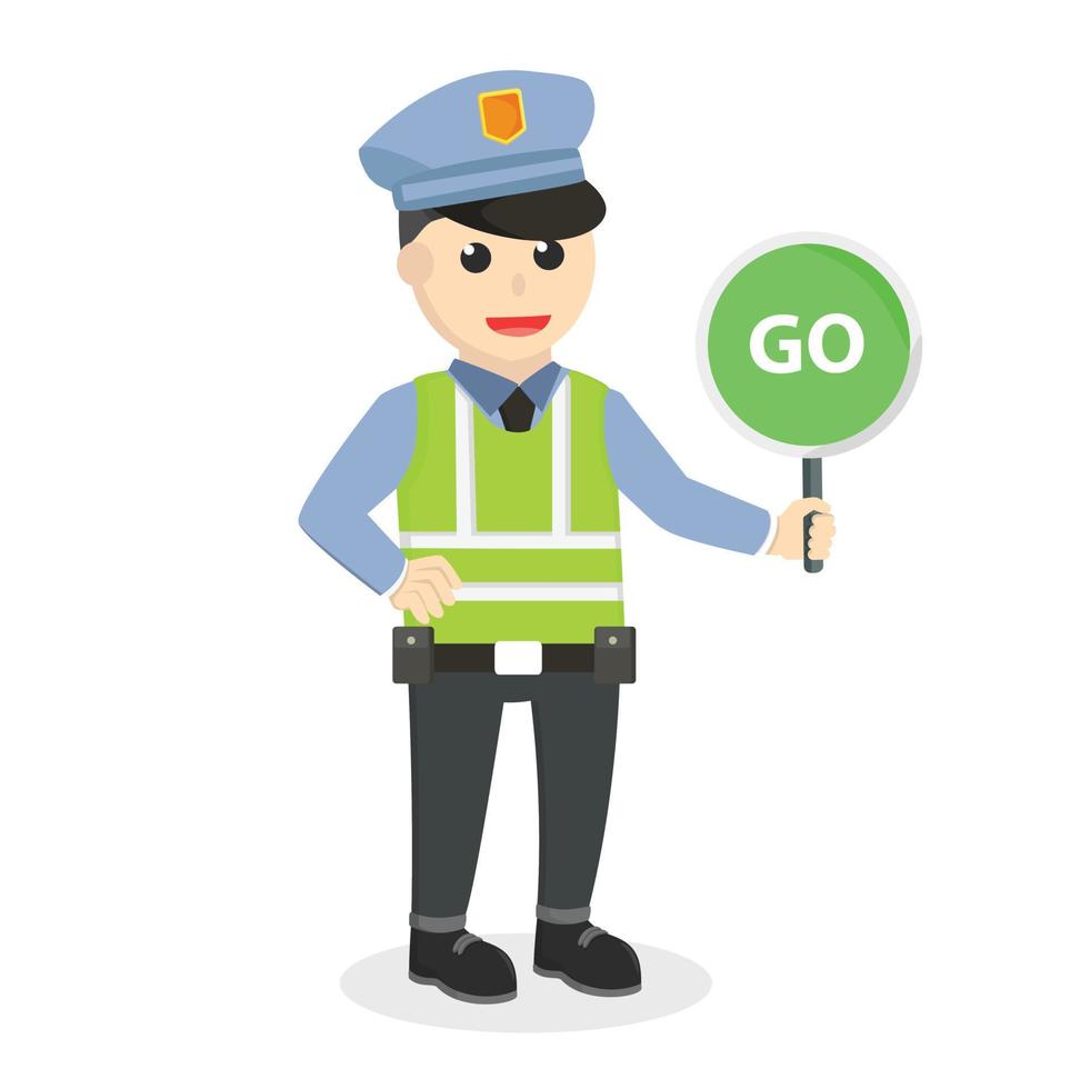 polícia de trânsito segurando o personagem de design de sinal de ir no fundo branco vetor