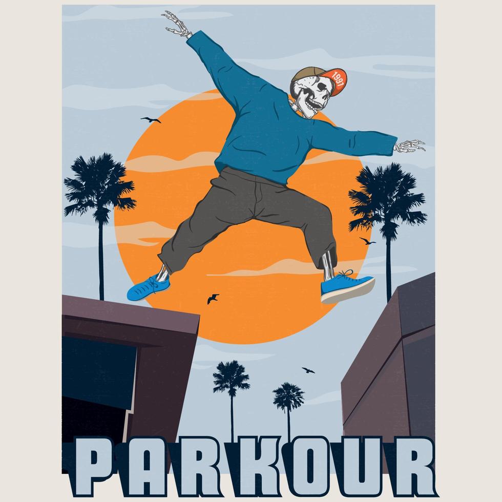 silhueta de parkour no prédio. parkour à noite ilustração gráfica. ilustração gráfica do sol. parkour urbano pulando em prédios, silhueta de jogador de parkour vetor