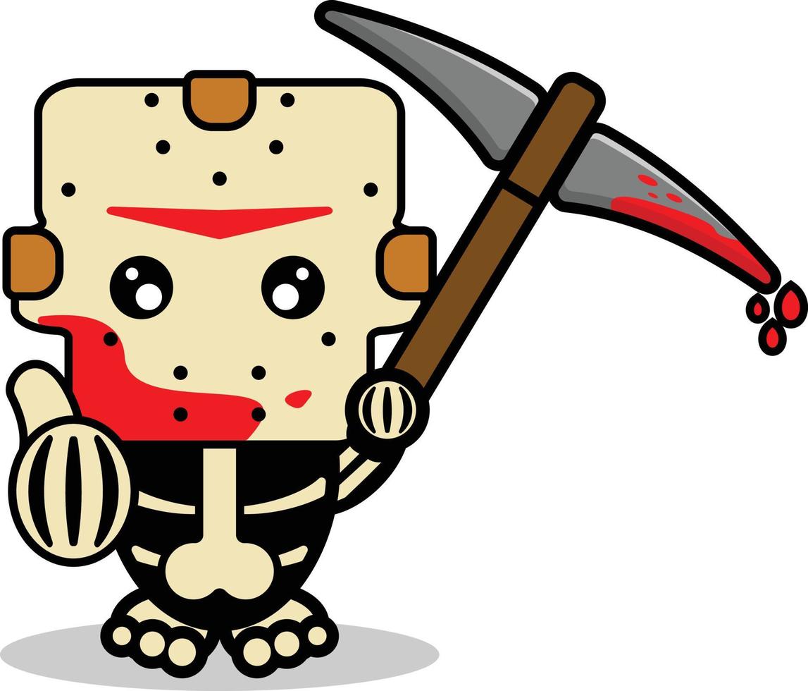 bonito jason voorhees osso mascote personagem desenho animado ilustração vetorial segurando a picareta sangrenta vetor