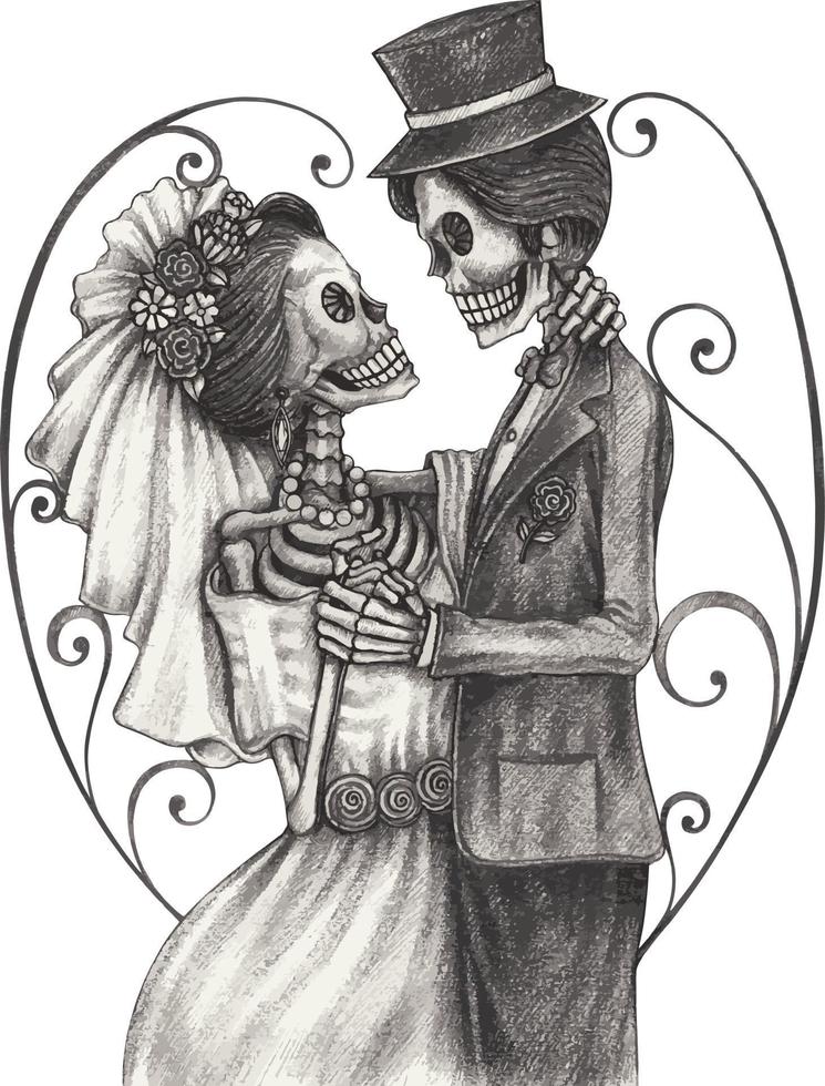 casal de arte apaixonado por crânios de casamento. desenho à mão e fazer vetor gráfico.