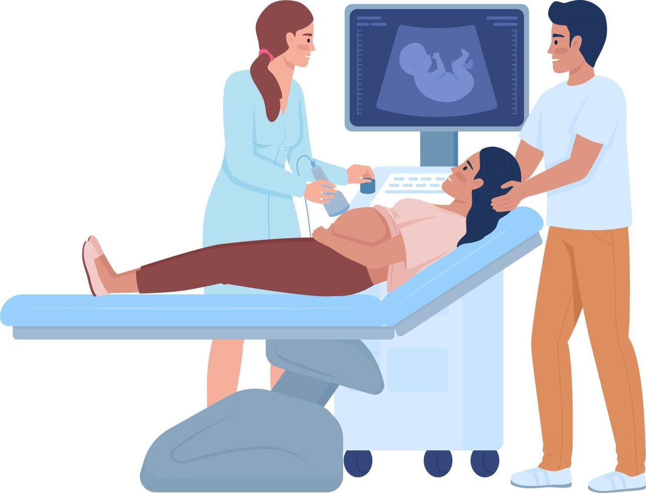 futuros pais em personagens vetoriais de cores semi planas de sonografia. figuras editáveis. pessoas de corpo inteiro em branco. ilustrações de estilo de desenho animado simples de medicina para web design gráfico e animação vetor