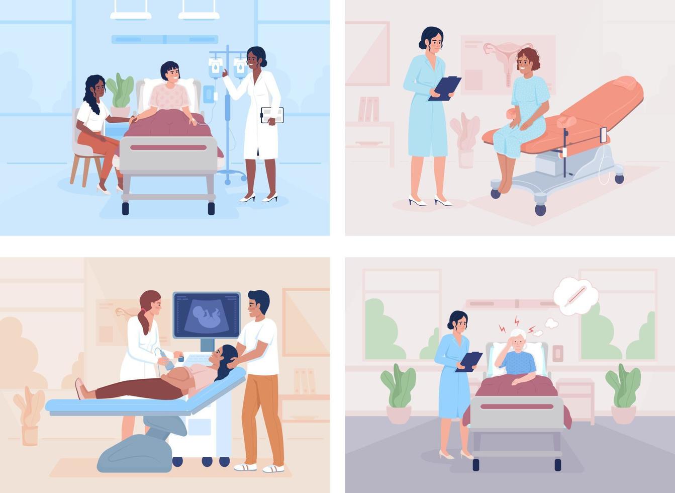 exame de pacientes no conjunto de ilustrações vetoriais de cores planas do hospital. consulta médica. assistência médica. personagens de desenhos animados simples 2d totalmente editáveis com interior da clínica na coleção de fundo vetor