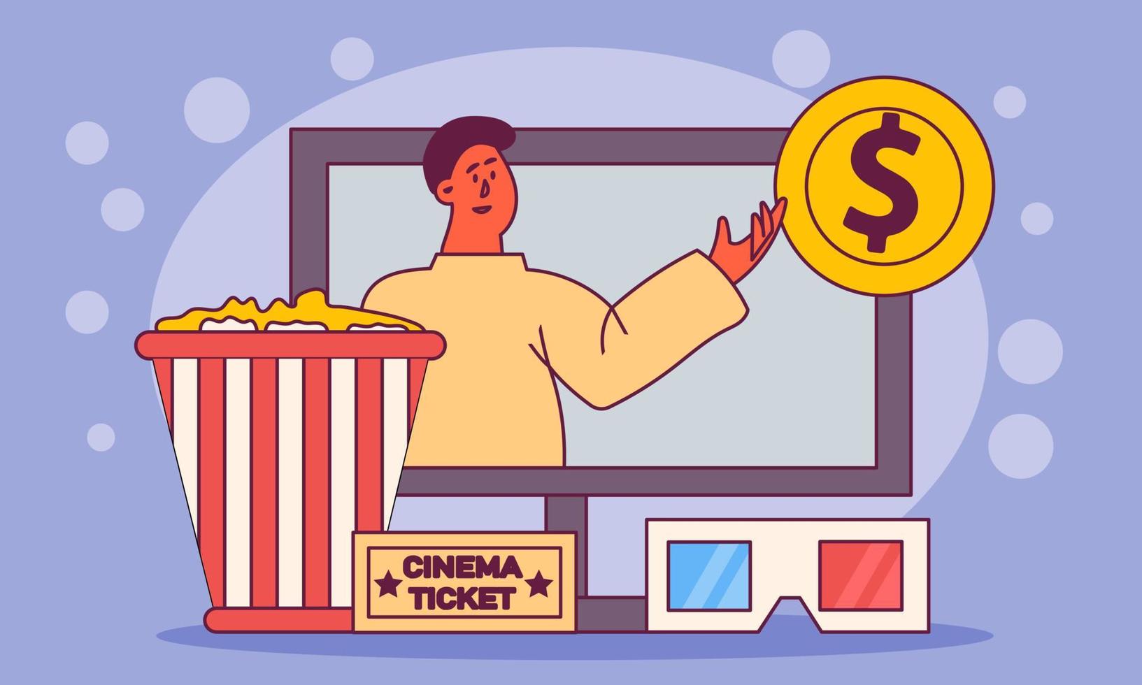 cinema filme online e entretenimento em vídeo. homem assistir filme com ilustração vetorial de mídia de teatro web. show play com pipoca e multimídia de cinematografia. serviço de aplicativo de negócios para assistir a imagem vetor