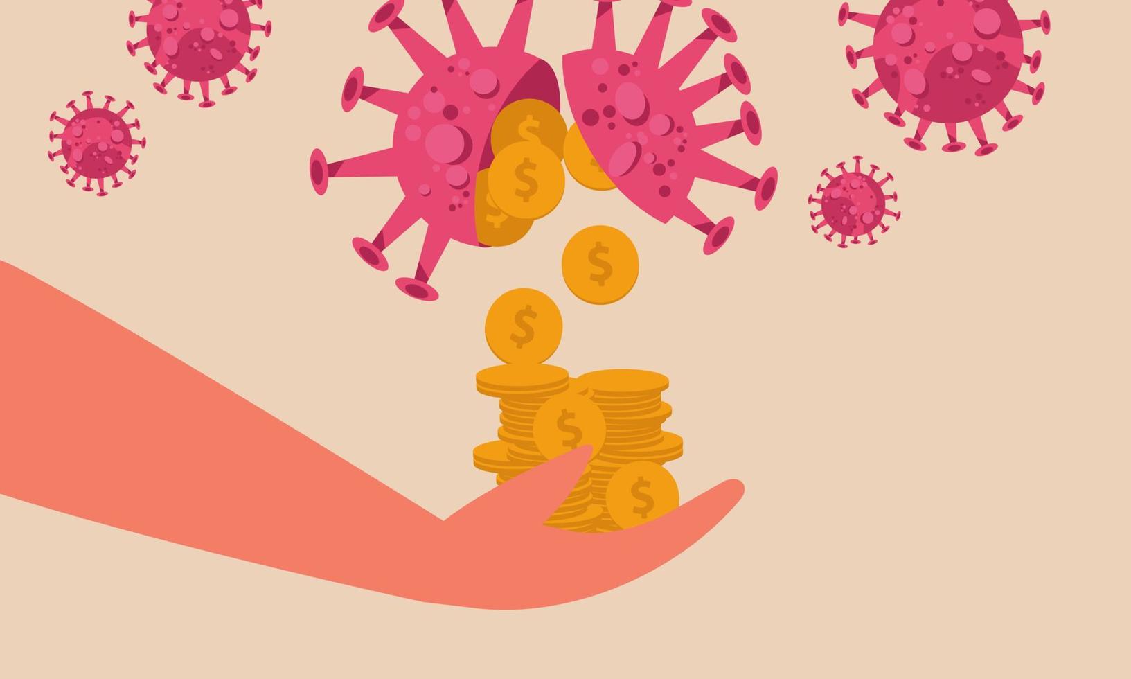 dinheiro e coronavírus no conceito de mercado de ações. barganha de negócios durante a crise da pandemia. moedas de ouro saindo do vírus para a mão da ilustração vetorial de pessoas. rendimento de lucro de investimento vetor