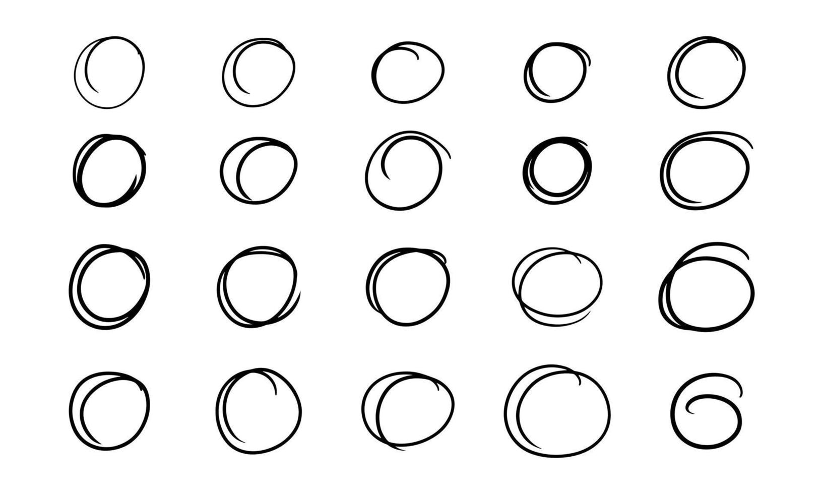 círculo desenhado à mão e linha de esboço circular desenhado à mão. zero redondo elemento design ilustração vetorial. moldura de forma preta e arte de doodle de traçado. ícone de conjunto de rabiscos de elipse de caneta e coleção de desenhos vetor