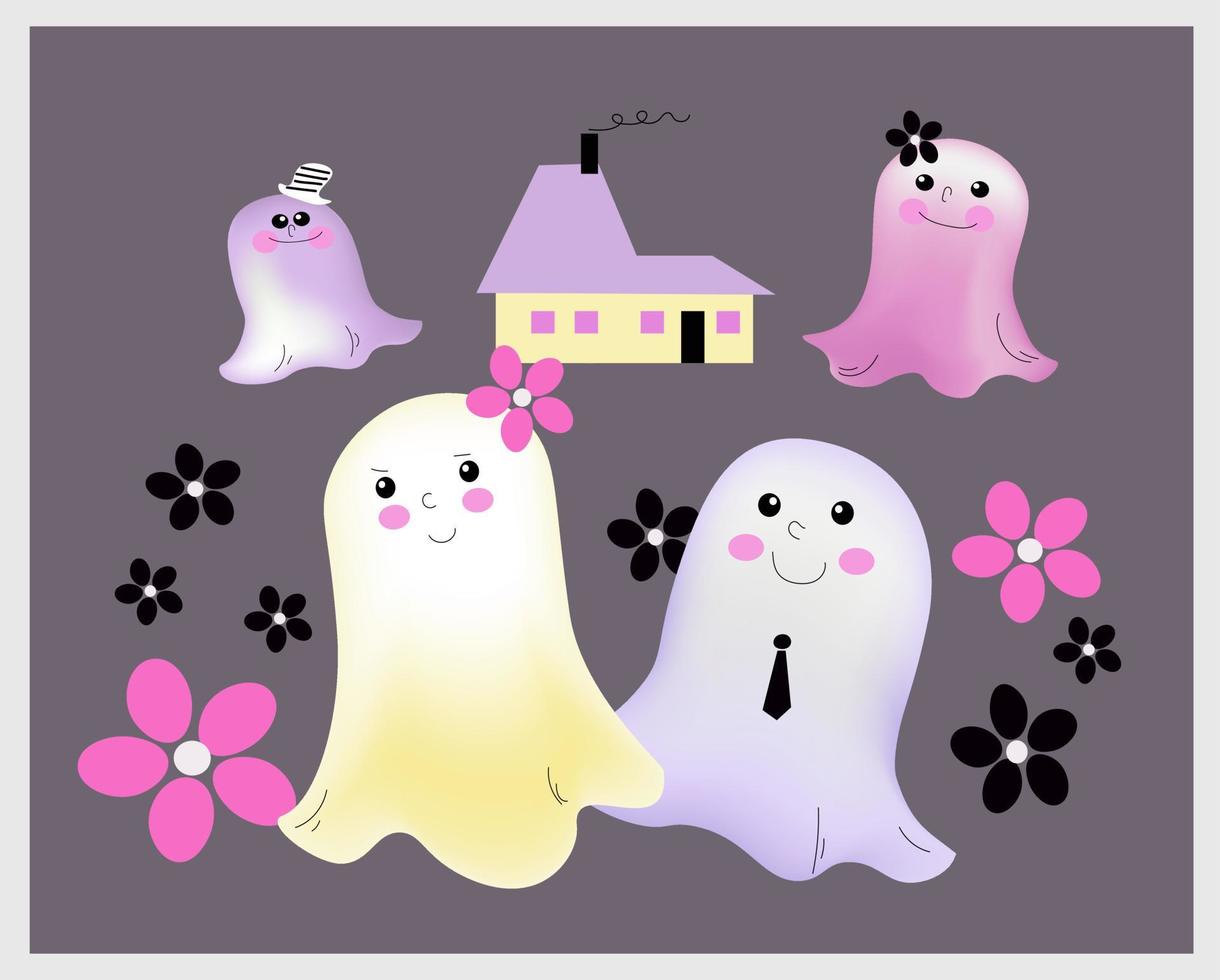 conjunto de fantasmas felizes engraçados fofos kawaii, vetor