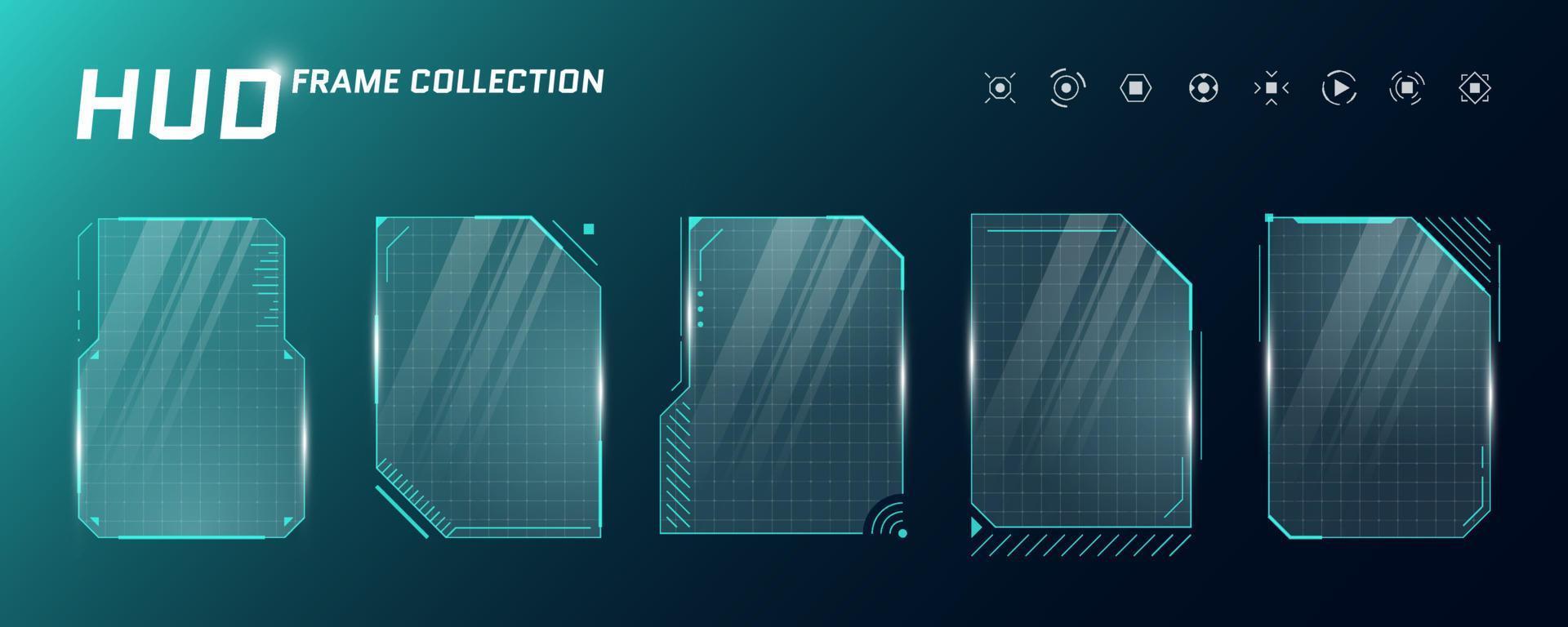 hud digital futurista interface de usuário quadrado conjunto de quadros verticais. sci fi telas de alta tecnologia. painéis do painel de monitoramento de toque do menu do jogo. ciberespaço head-up display gui ou sinais de informação fui. vetor