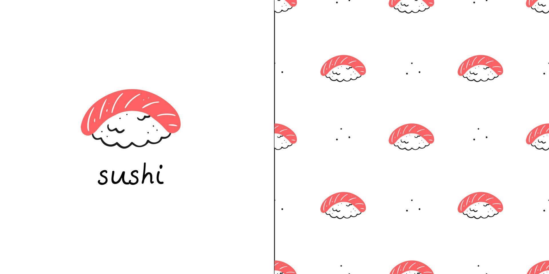 padrão perfeito com rolos de sushi de salmão e um cartão postal com texto de sushi. ilustração em vetor de cozinha asiática.