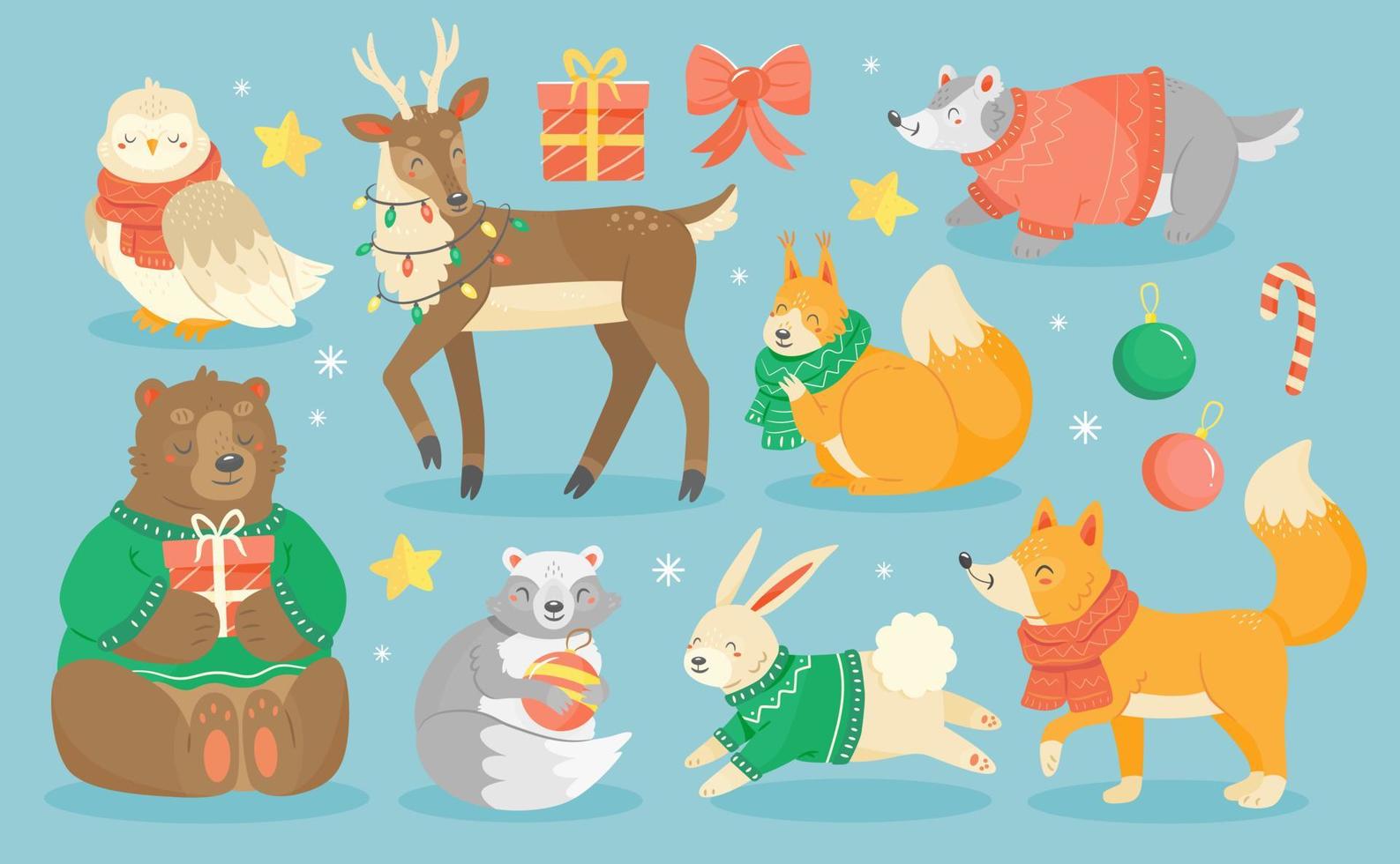 animais de natal da floresta em suéteres e cachecóis em um estilo bonito de desenho animado. ilustração em vetor animal isolado.