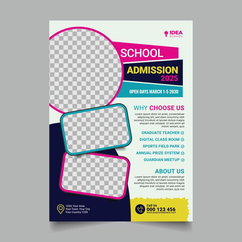 design de modelo de folheto de admissão escolar colorido. design de escola infantil para pôster e banner. modelo de vetor de panfleto de educação.