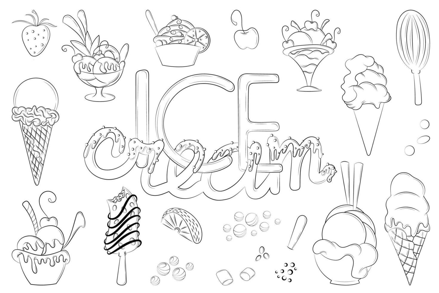conjunto de doodle de sorvete. isolado no fundo branco. vetor