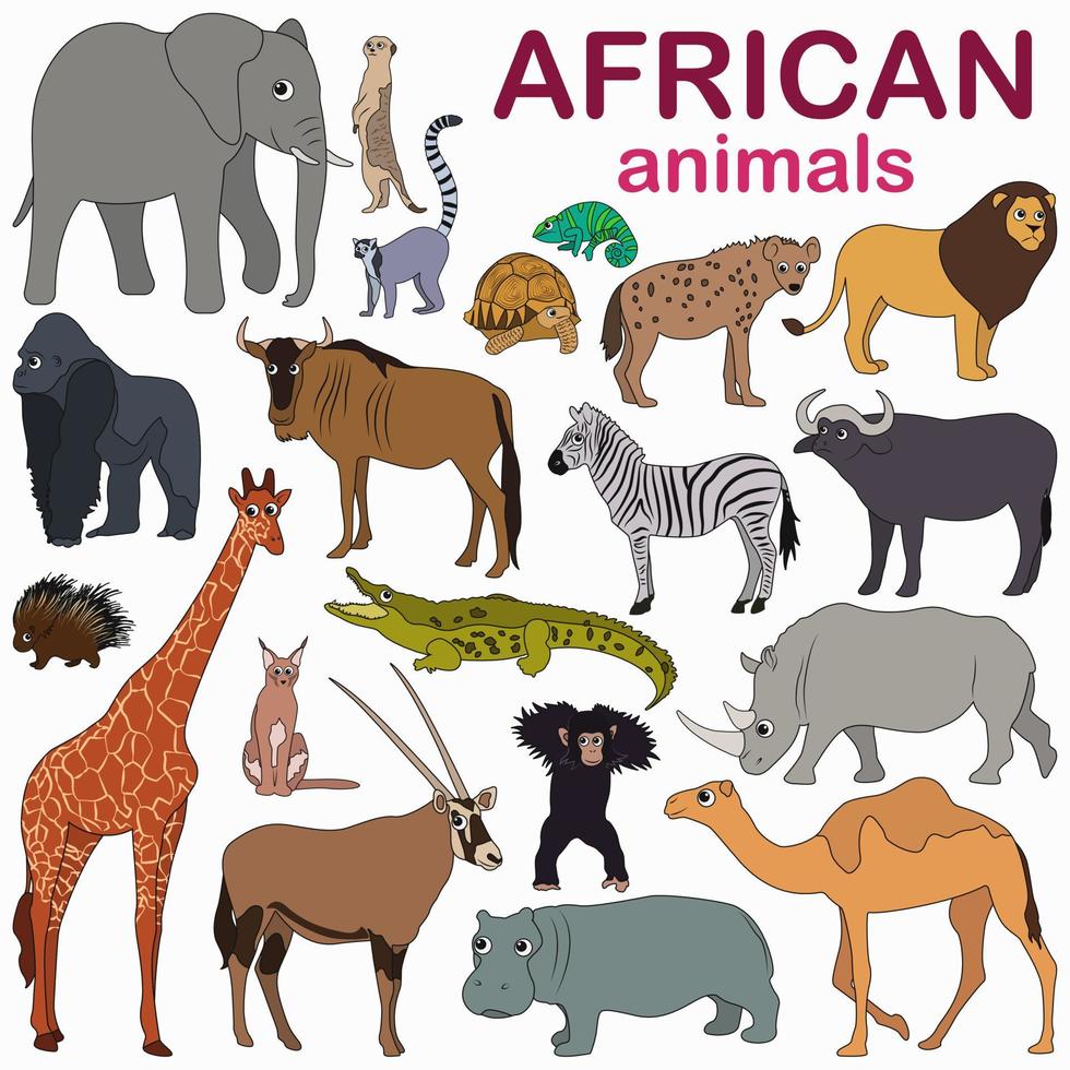 grande conjunto com animais africanos coloridos em estilo cartoon. animais selvagens fofos. grande conjunto com animais. ilustração vetorial vetor