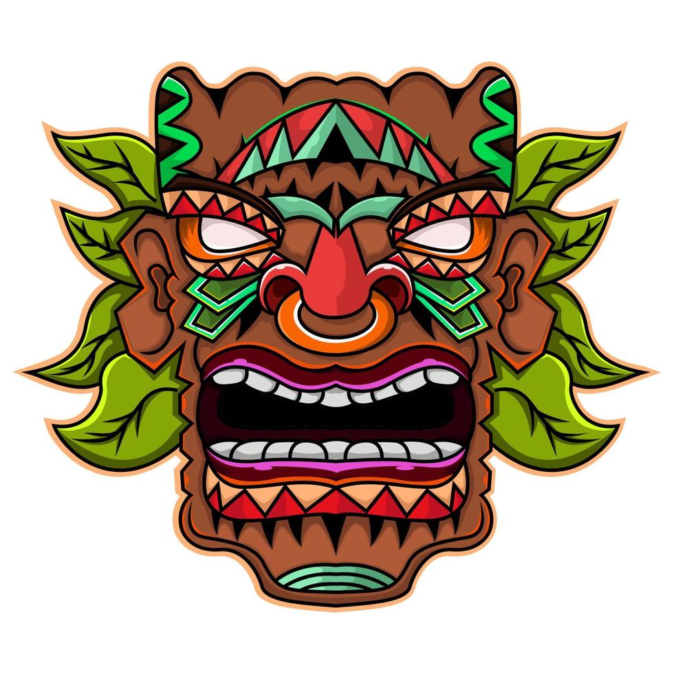 máscara tiki com logotipo de mascote de folhas vetor