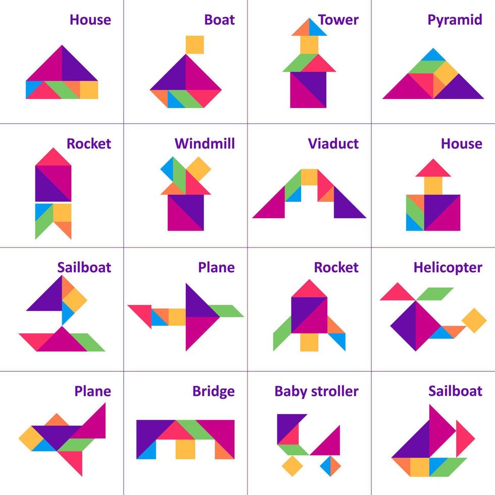 quebra-cabeça tangram. conjunto de transporte tangram e edifícios. quebra-cabeça para crianças. conjunto de vetores. ilustração vetorial vetor