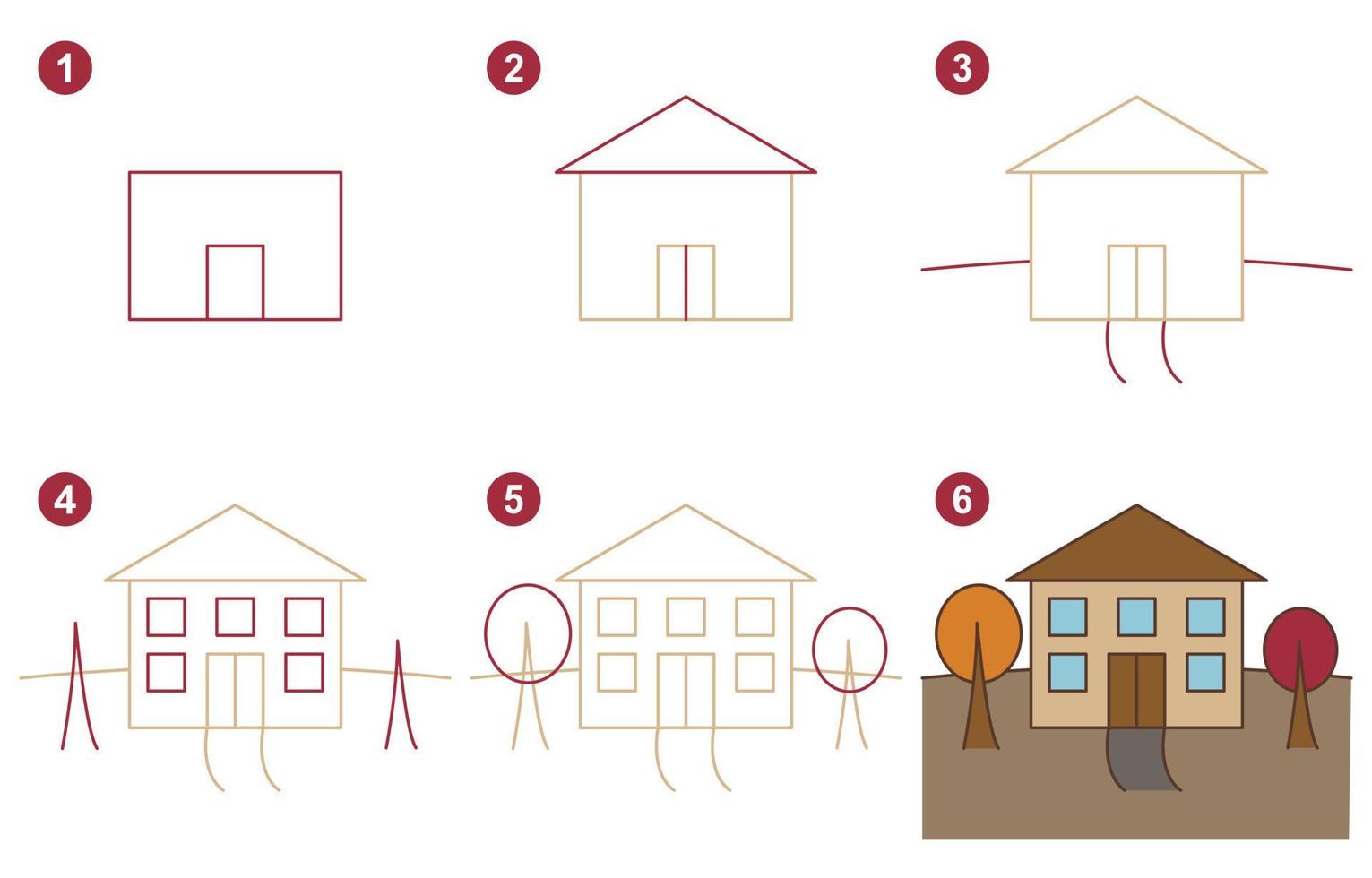 instruções para desenhar escola fofa. siga passo a passo. planilha para criança aprendendo a desenhar edifícios. jogo para página de vetor infantil. esquema para a escola de desenho. ilustração vetorial