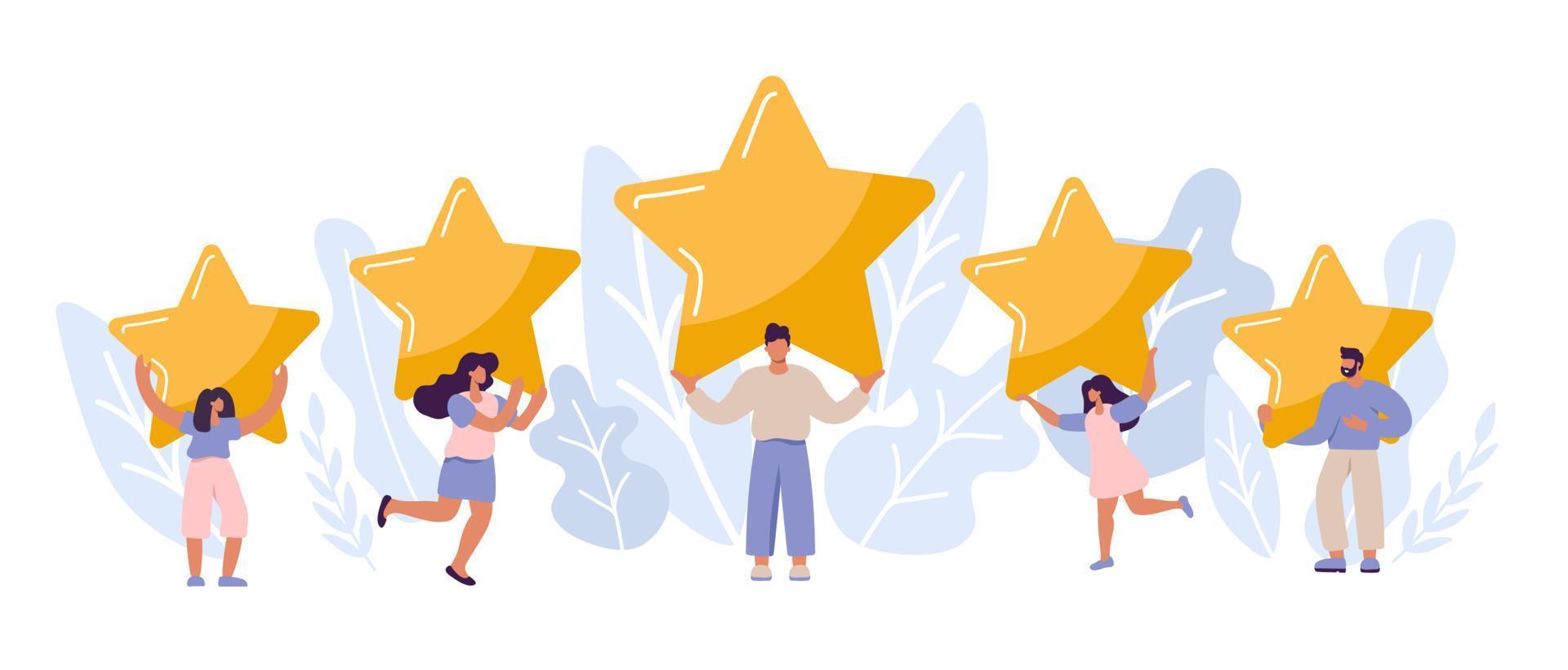 pessoas de vetores de clientes felizes e satisfeitas estão segurando estrelas de revisão sobre suas cabeças. classificação de cinco estrelas plana. classificação de revisão do cliente e conceito de feedback do cliente. ilustração moderna