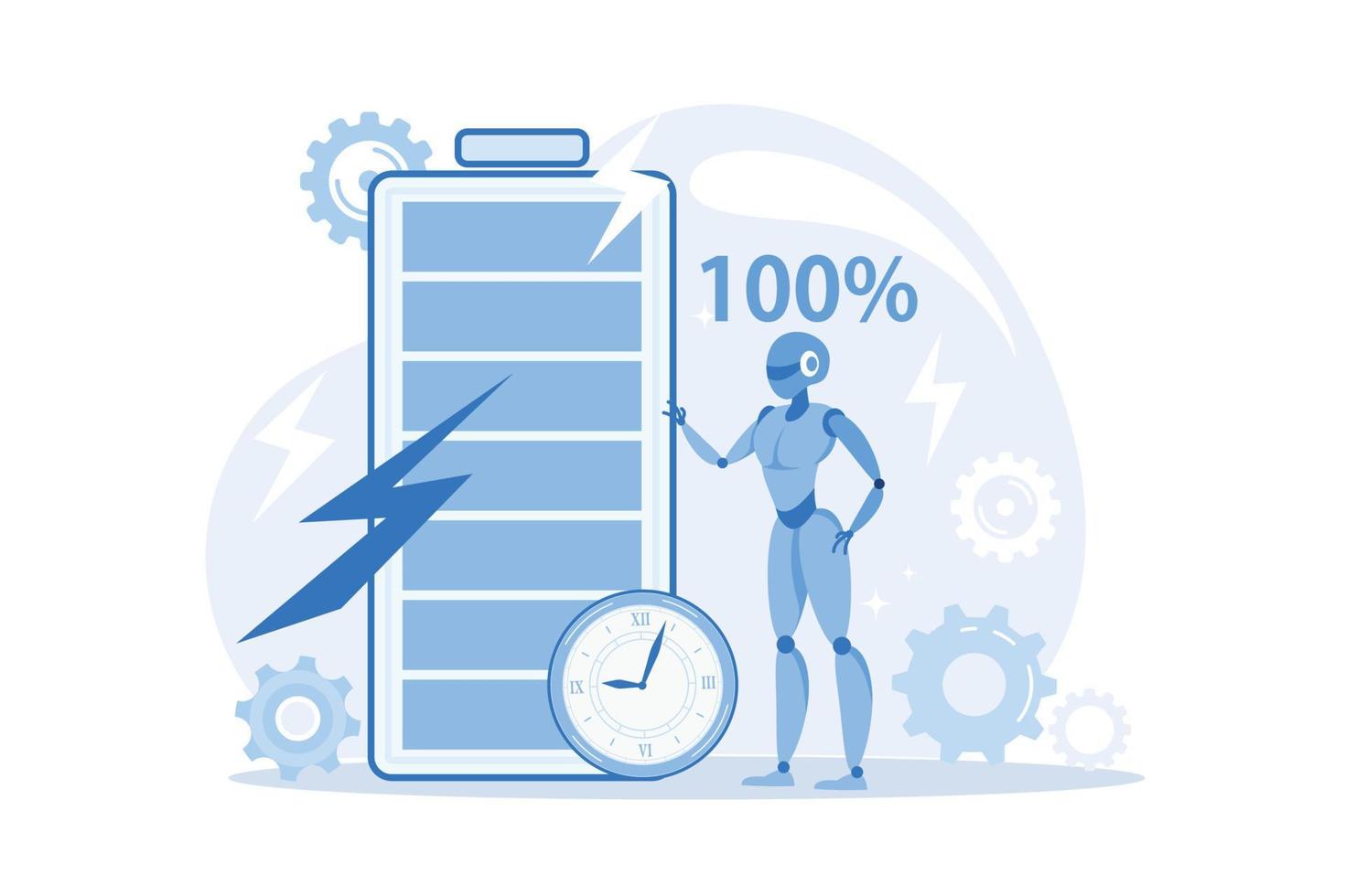 tempo de execução da bateria solução inovadora de bateria, estender o tempo de execução, tecnologia de carregamento, longa vida, cálculo de durabilidade, ilustração moderna de design plano de alta capacidade de energia vetor