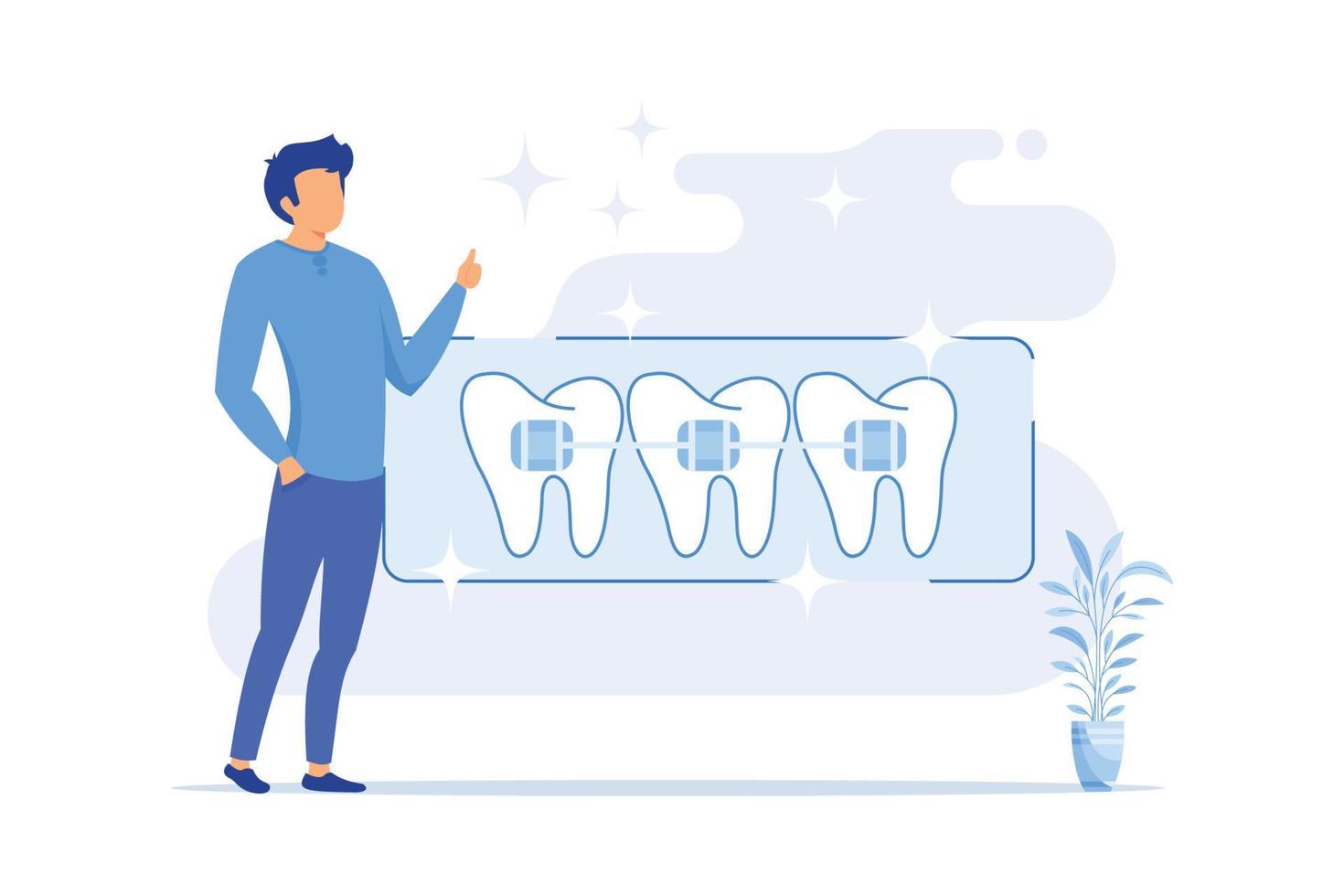 procedimento odontológico, método de correção de aparelho, tratamento de dentes apinhados, problema ortodôntico, alinhador e retentor de dentes, ilustração moderna de design plano de suporte vetor