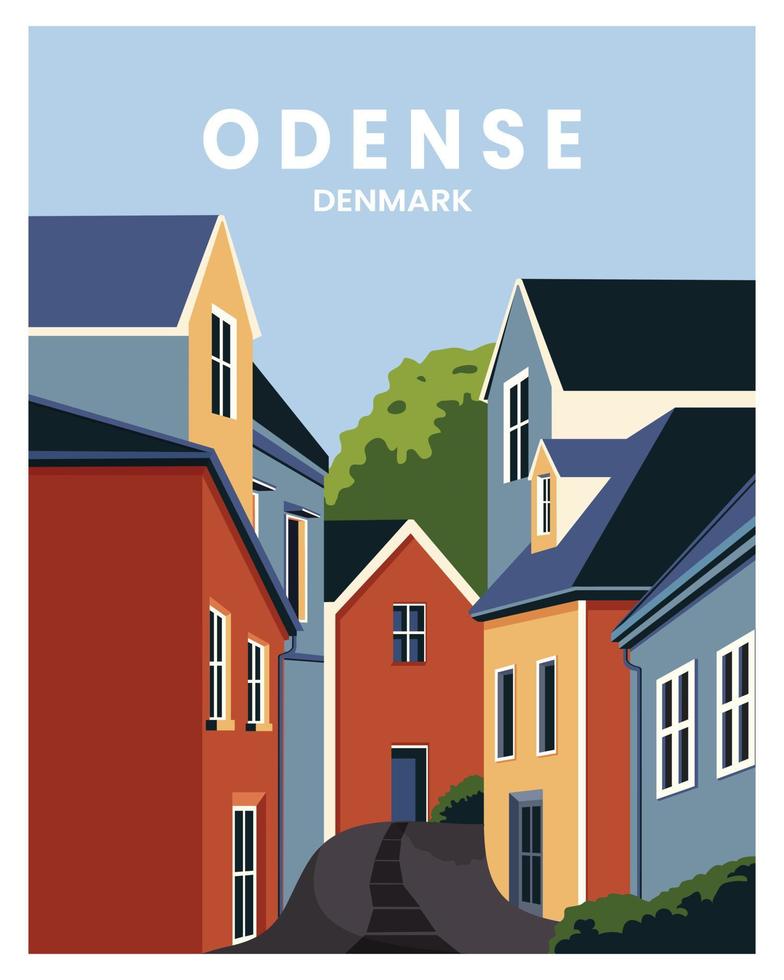 paisagem de cartaz da Dinamarca odense com casas. ilustração vetorial com estilo minimalista. vetor