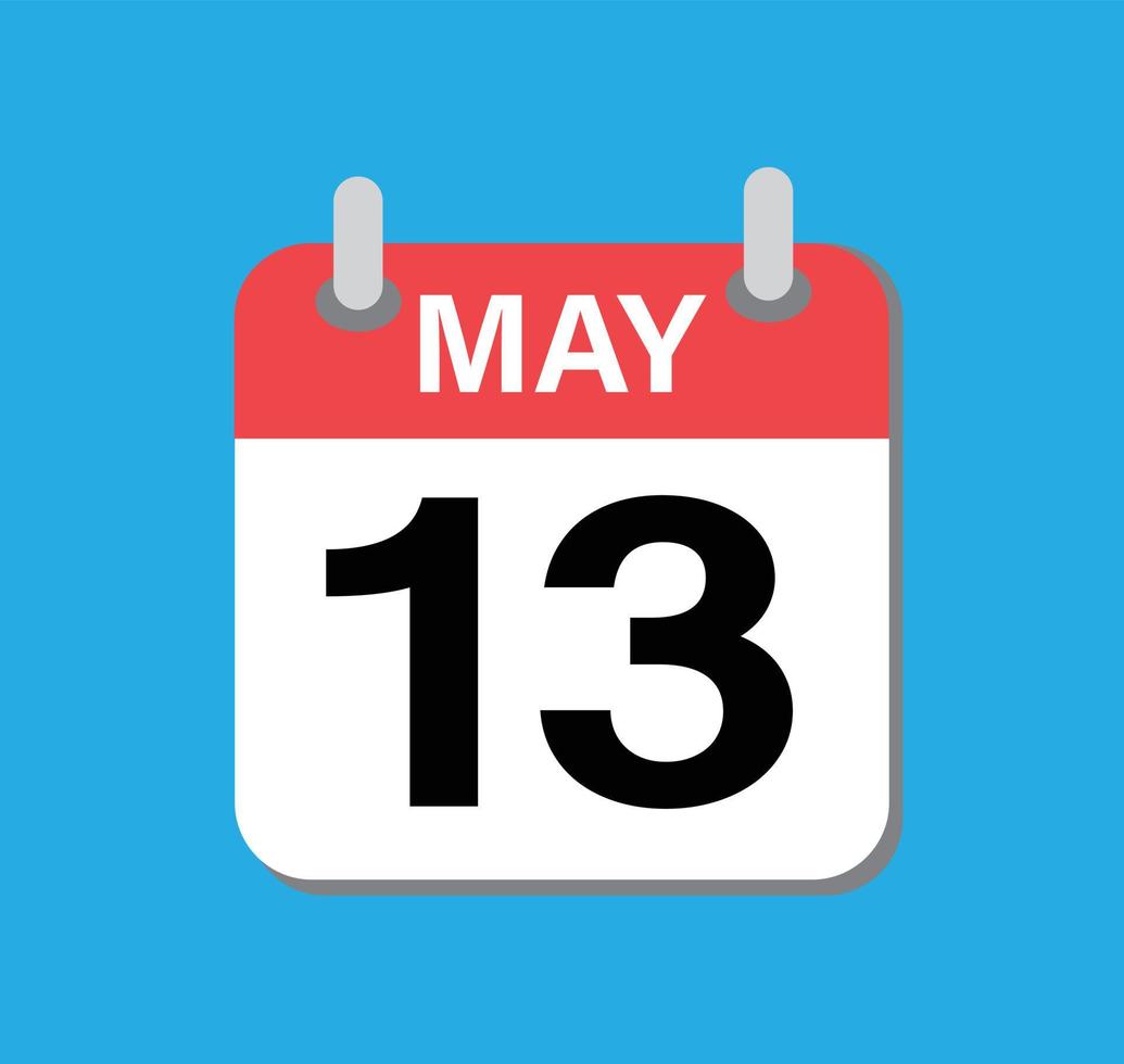 13 de maio ícone de calendário. 13 de maio sinal de lembrete de data de calendário. símbolo de férias. sinal de dia especial. estilo plano. vetor