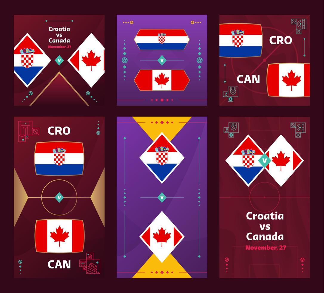 partida croácia x canadá. banner vertical e quadrado de futebol mundial 2022 definido para mídias sociais. Infográfico de futebol de 2022. fase de grupos. anúncio de ilustração vetorial vetor