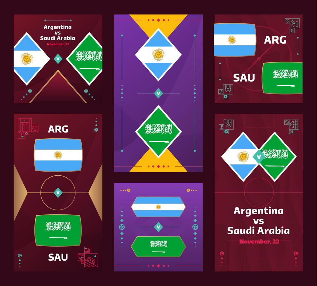 partida argentina x arábia saudita. banner vertical e quadrado de futebol mundial 2022 definido para mídias sociais. Infográfico de futebol de 2022. fase de grupos. anúncio de ilustração vetorial vetor